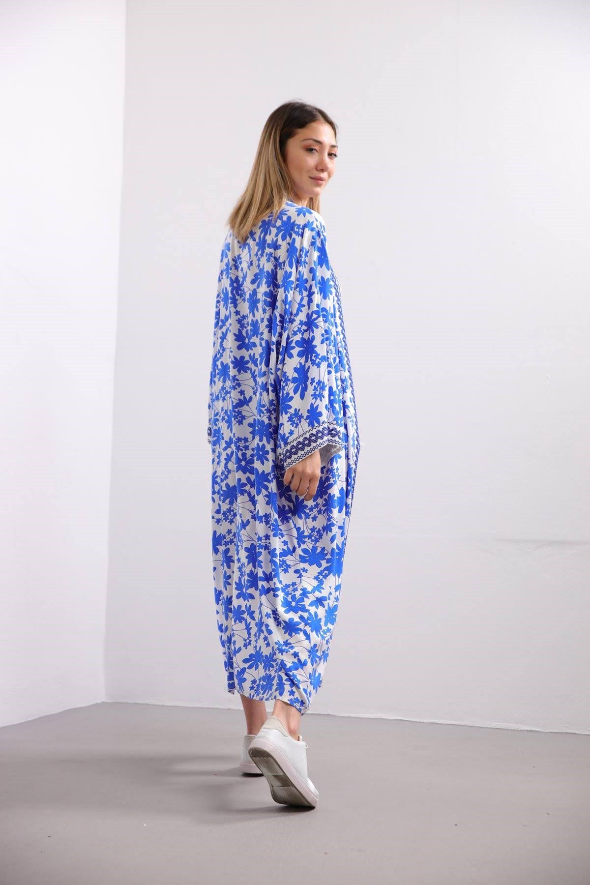 Mavi Yaprak Desenli Kimono - Şaman Butik Mavi Yaprak Desenli Kimono