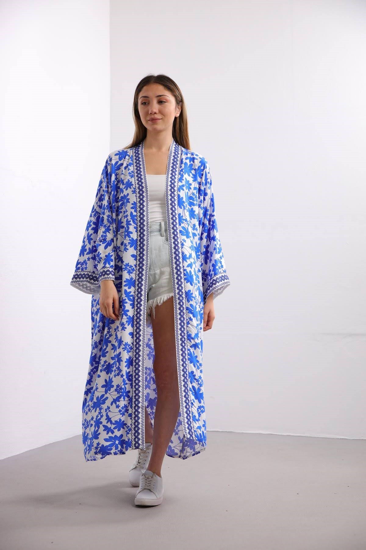 Mavi Yaprak Desenli Kimono - Şaman Butik Mavi Yaprak Desenli Kimono