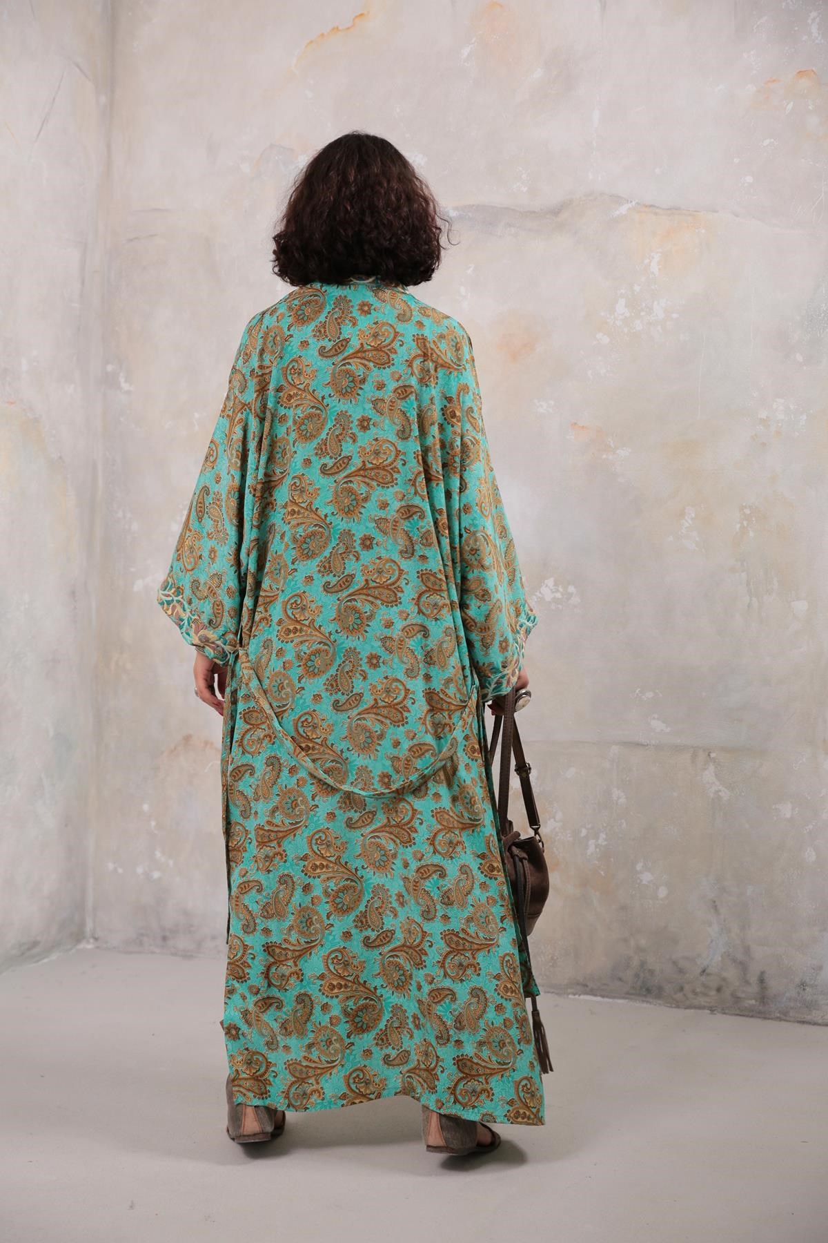  Su Yeşili Desenli İşleme Detaylı Kimono