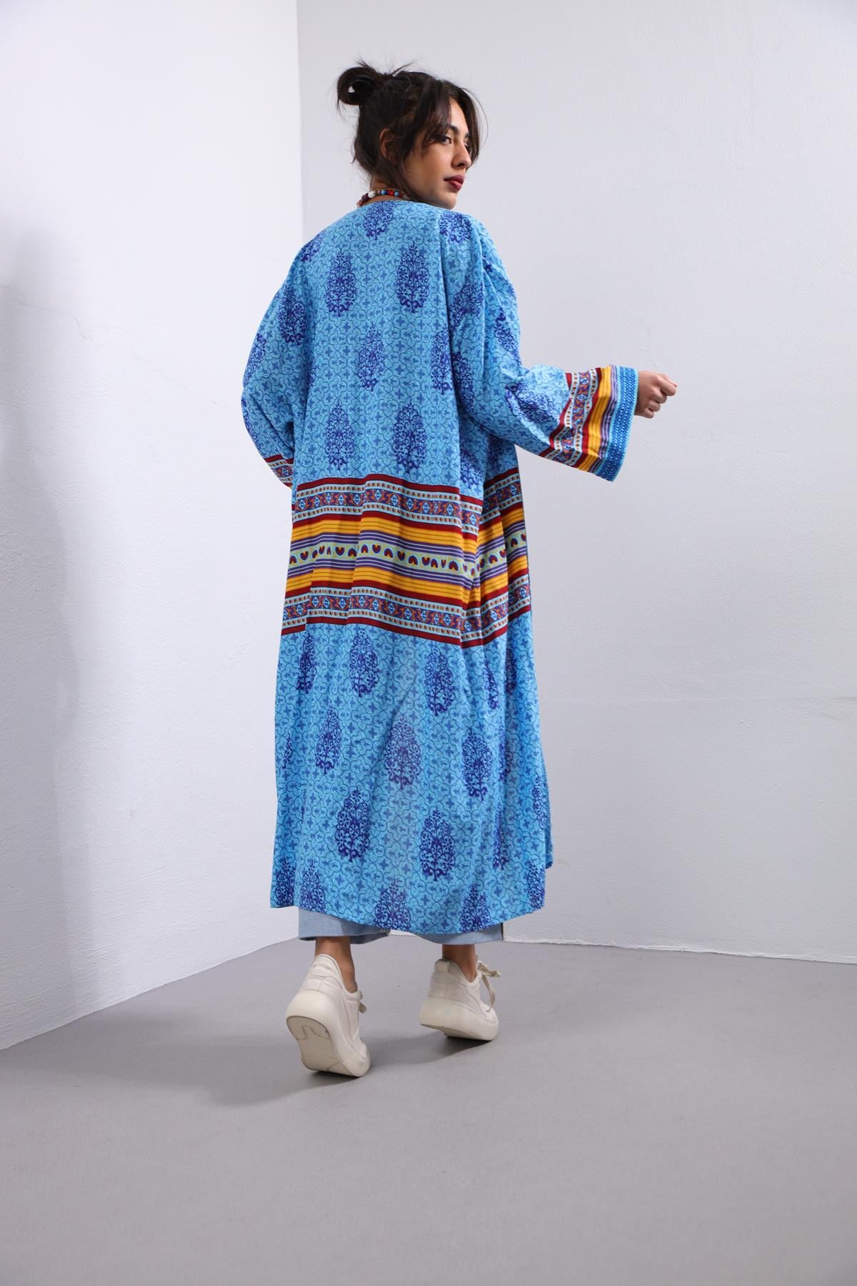 Turkuaz Çini Desenli Kimono - Şaman Butik Turkuaz Çini Desenli Kimono