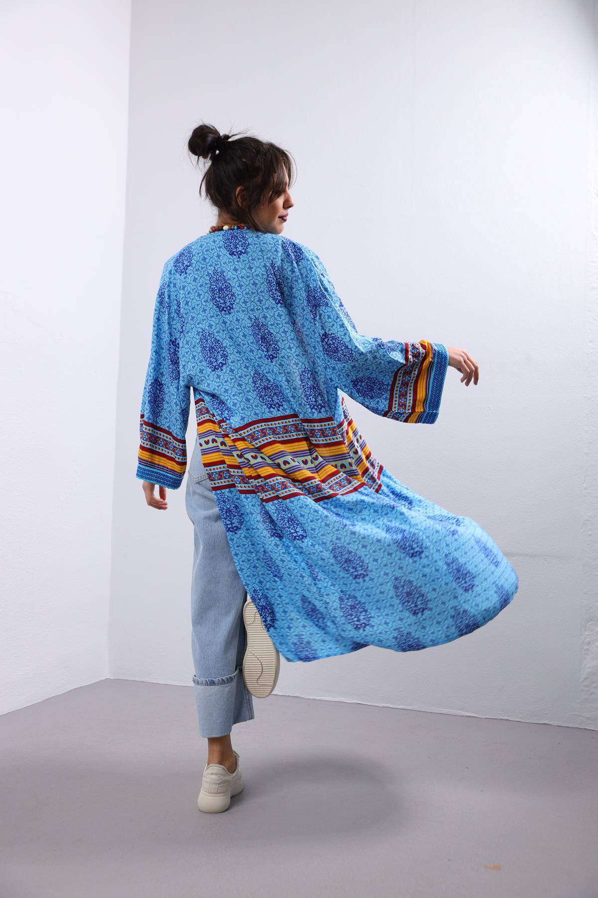 Turkuaz Çini Desenli Kimono - Şaman Butik Turkuaz Çini Desenli Kimono