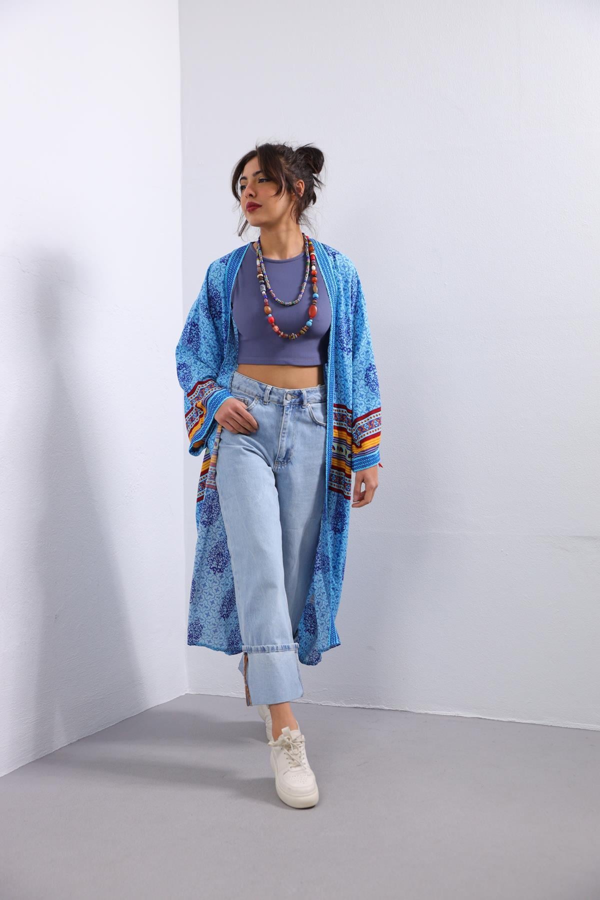 Turkuaz Çini Desenli Kimono - Şaman Butik Turkuaz Çini Desenli Kimono