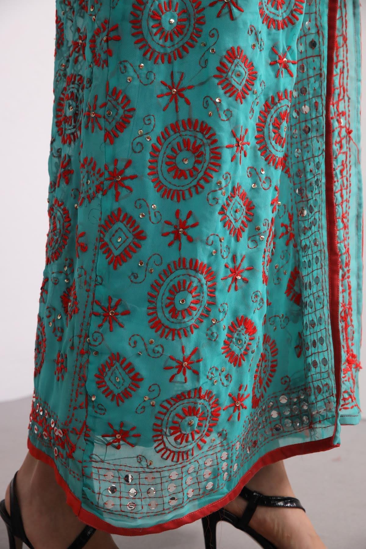 Turkuaz İşlemeli Bohem Uzun Kaftan - Şaman Butik Turkuaz İşlemeli Bohem Uzun Kaftan