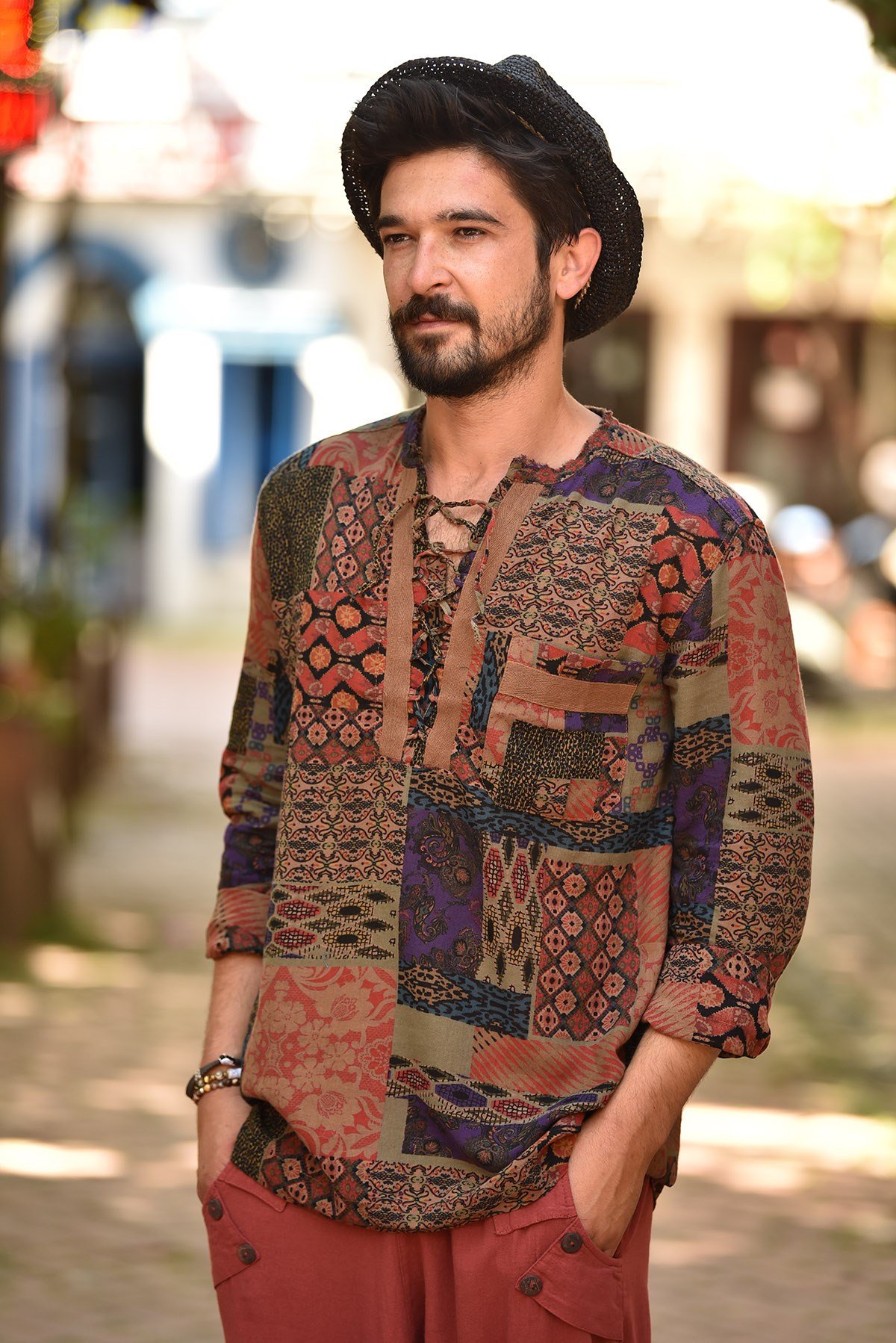 Kahve Patch Baskılı Uzun Kollu Gömlek