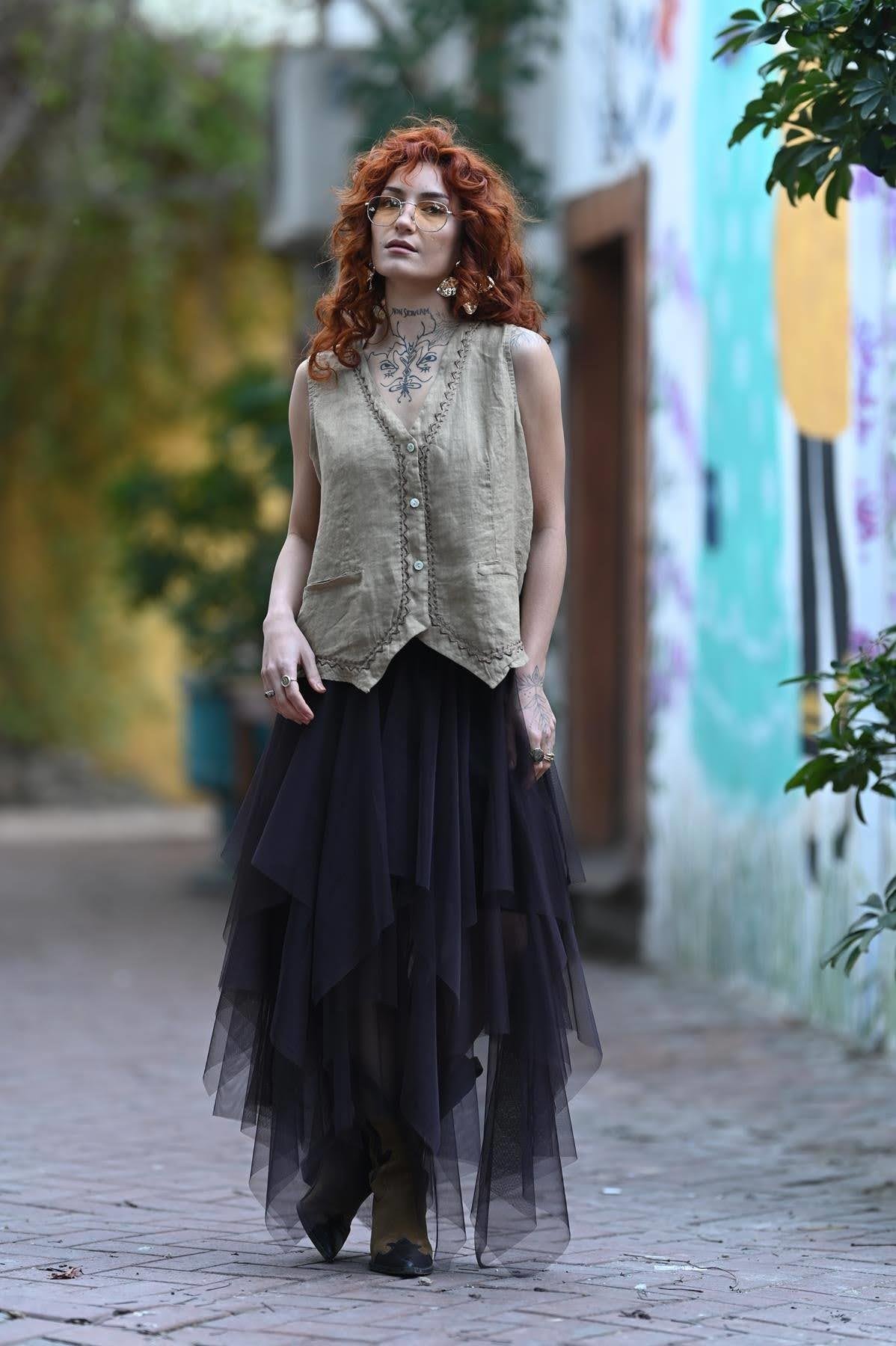 Kahverengi Beli Lastikli Kat Kat Tül Etek