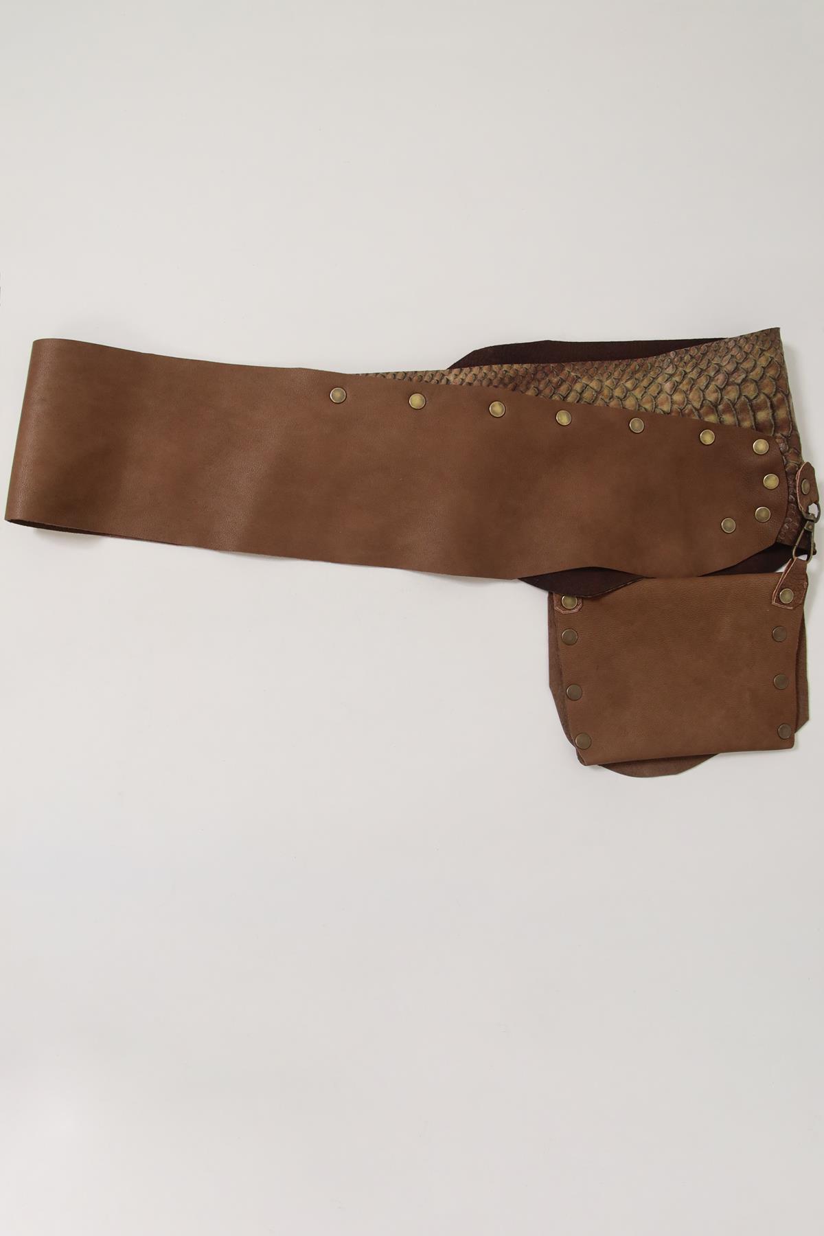 Kahverengi Desenli Deri Cepli Kemer