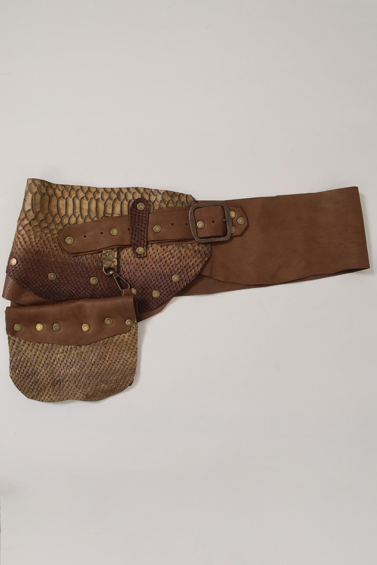 Kahverengi Desenli Deri Cepli Kemer