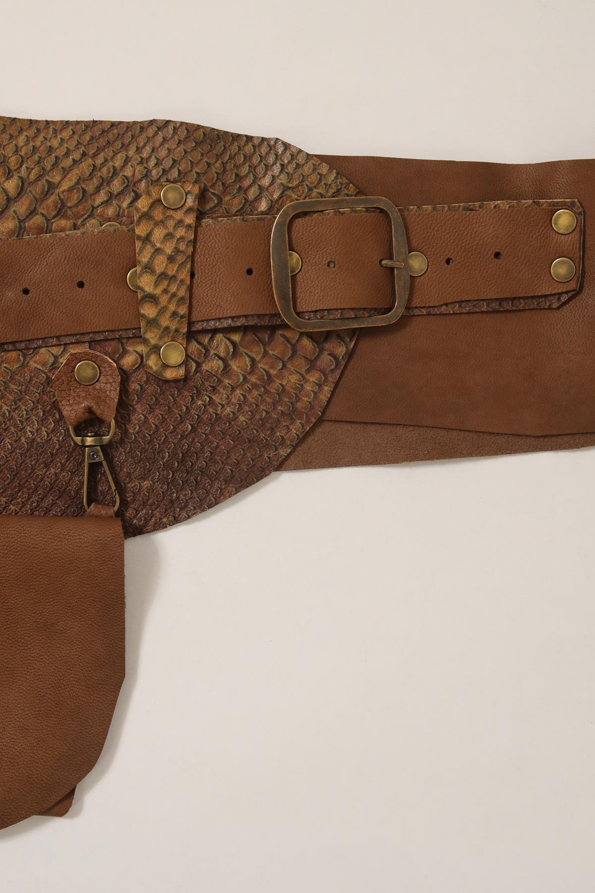 Kahverengi Desenli Deri Cepli Kemer