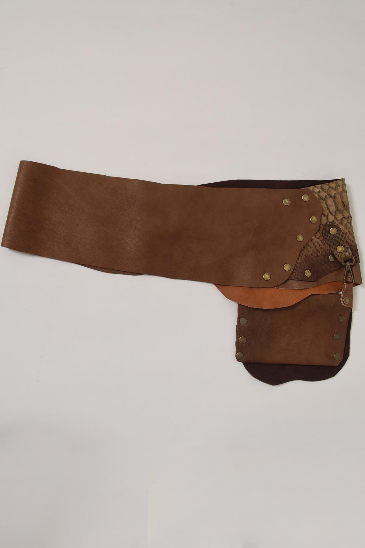 Kahverengi Desenli Deri Cepli Kemer