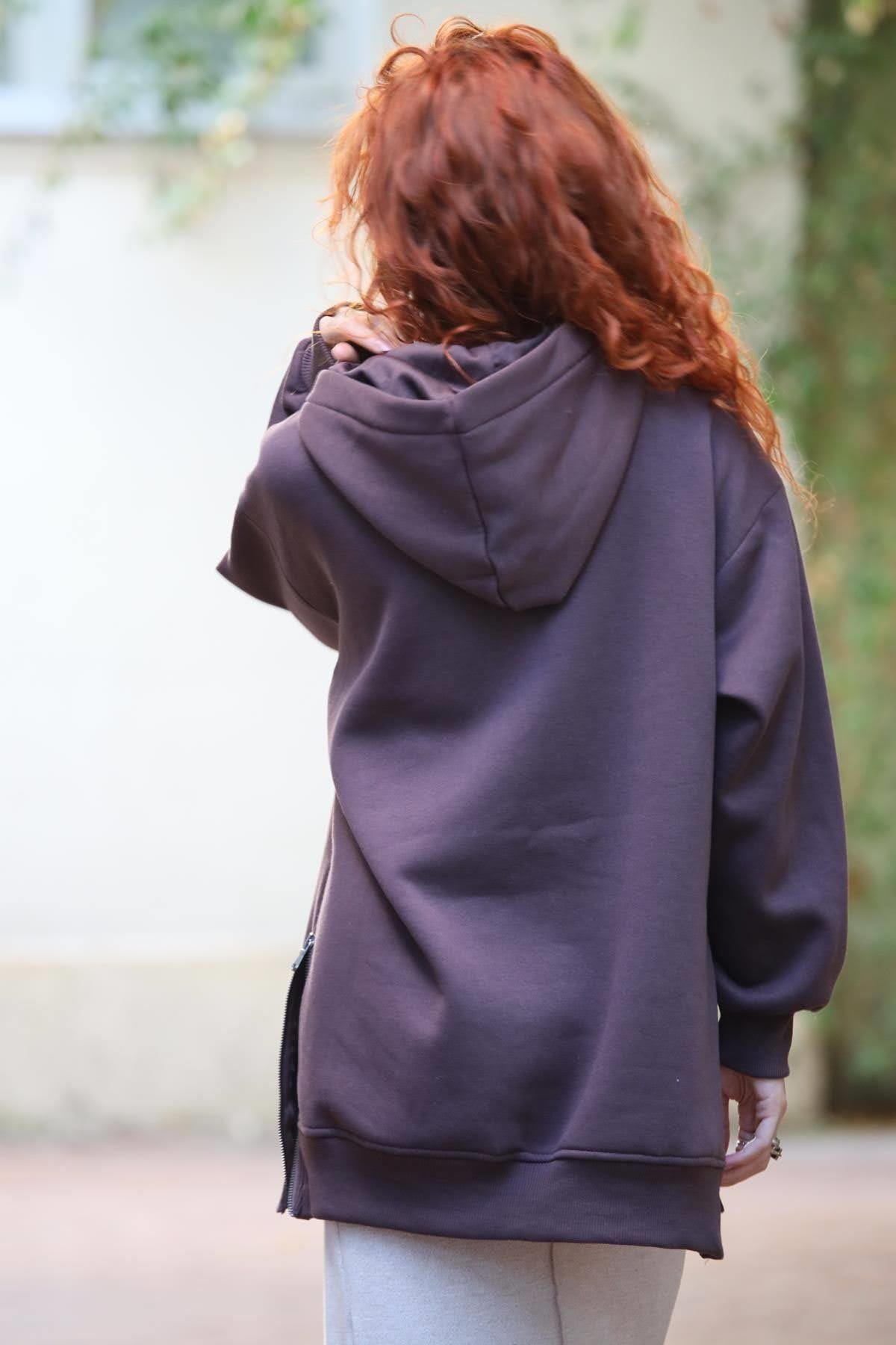 Kahverengi Kapüşonlu Kanguru Cepli Fermuar Detaylı Sweat