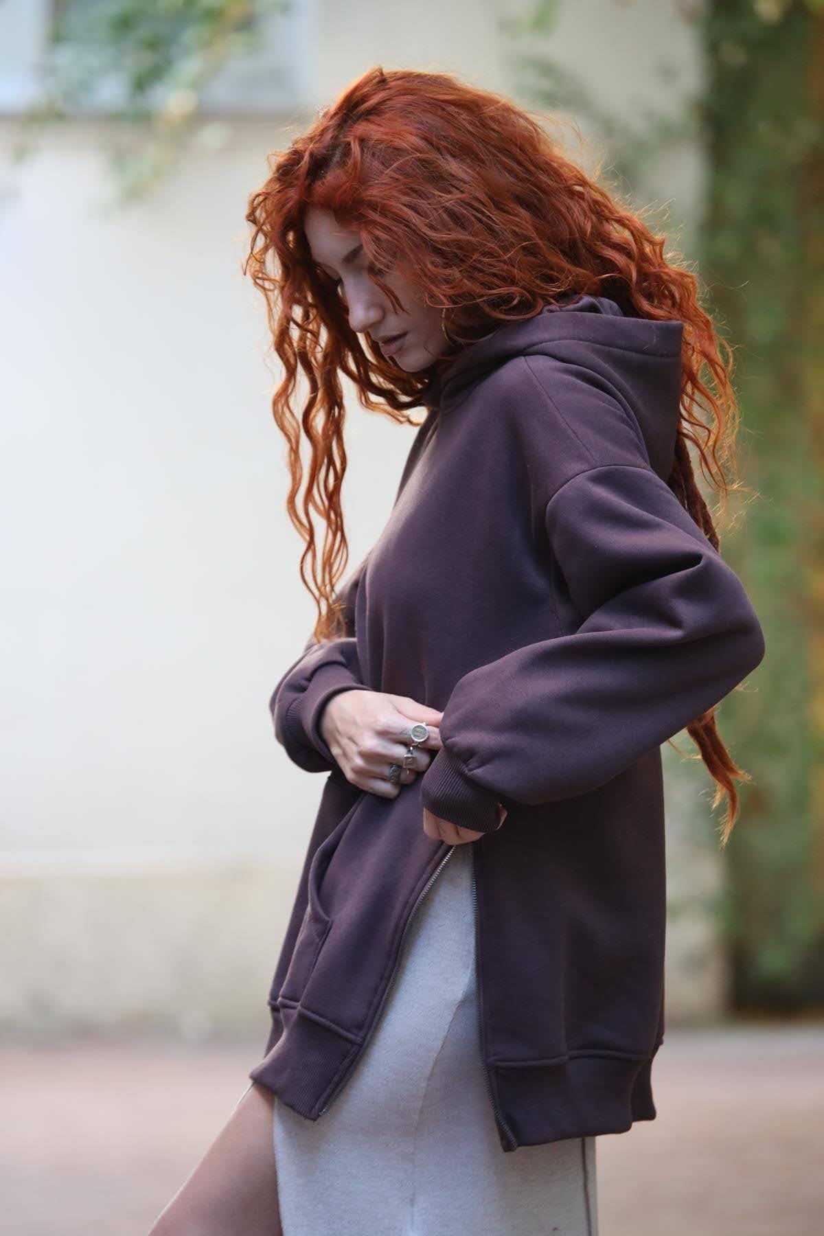 Kahverengi Kapüşonlu Kanguru Cepli Fermuar Detaylı Sweat