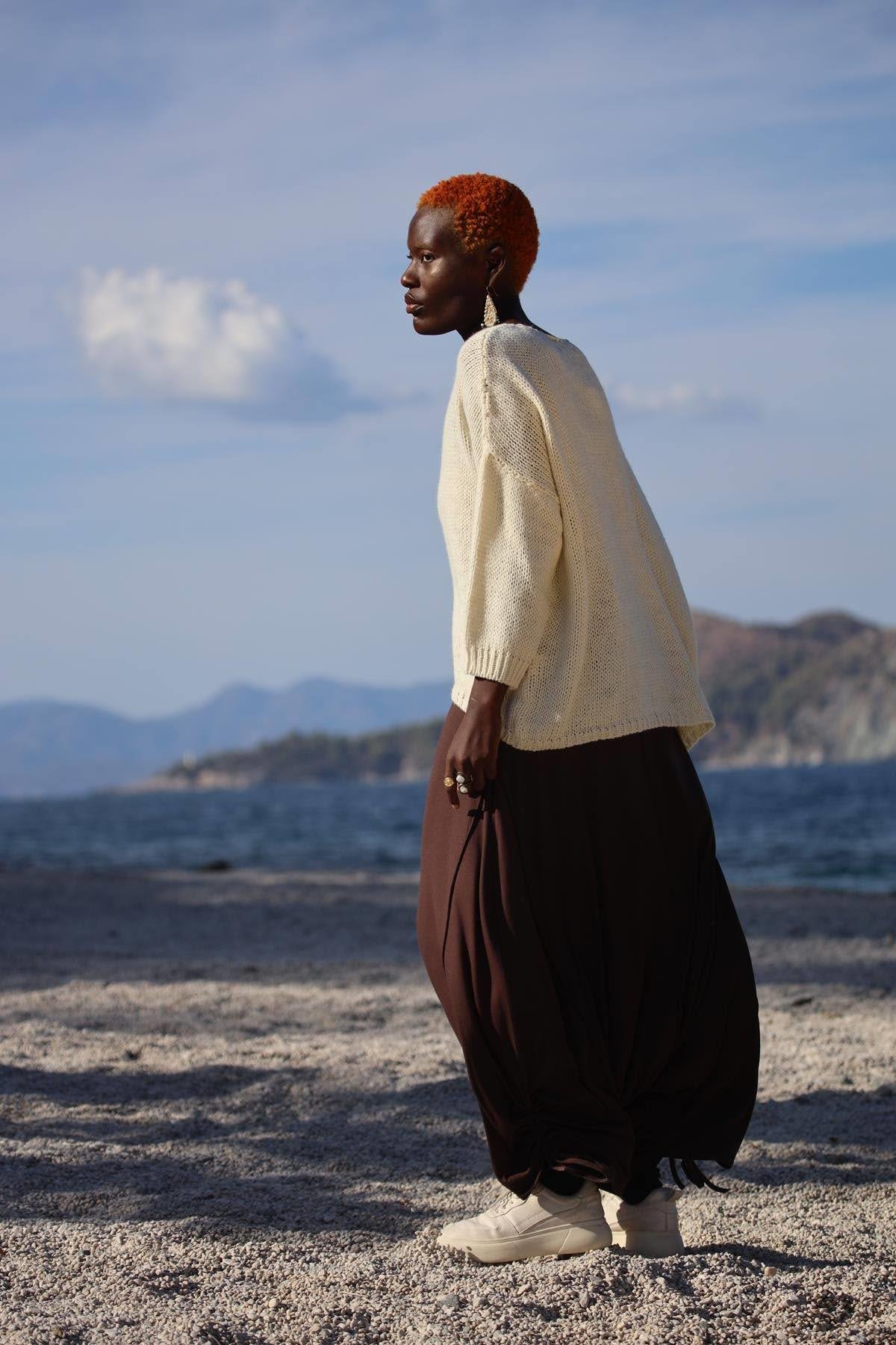 Kahverengi Paçası İpli Dikiş Detay Şalvar