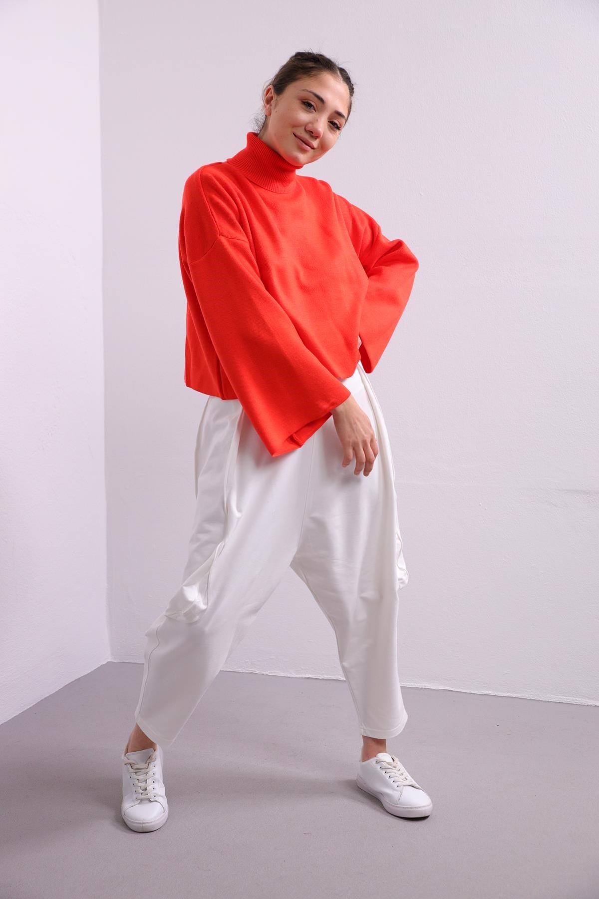 Orange Turtleneck Wide Sleeve Loose Knitwear Pullover - Saman Butik | Shop Online Orange Turtleneck Wide Sleeve Loose Knitwear Pullover