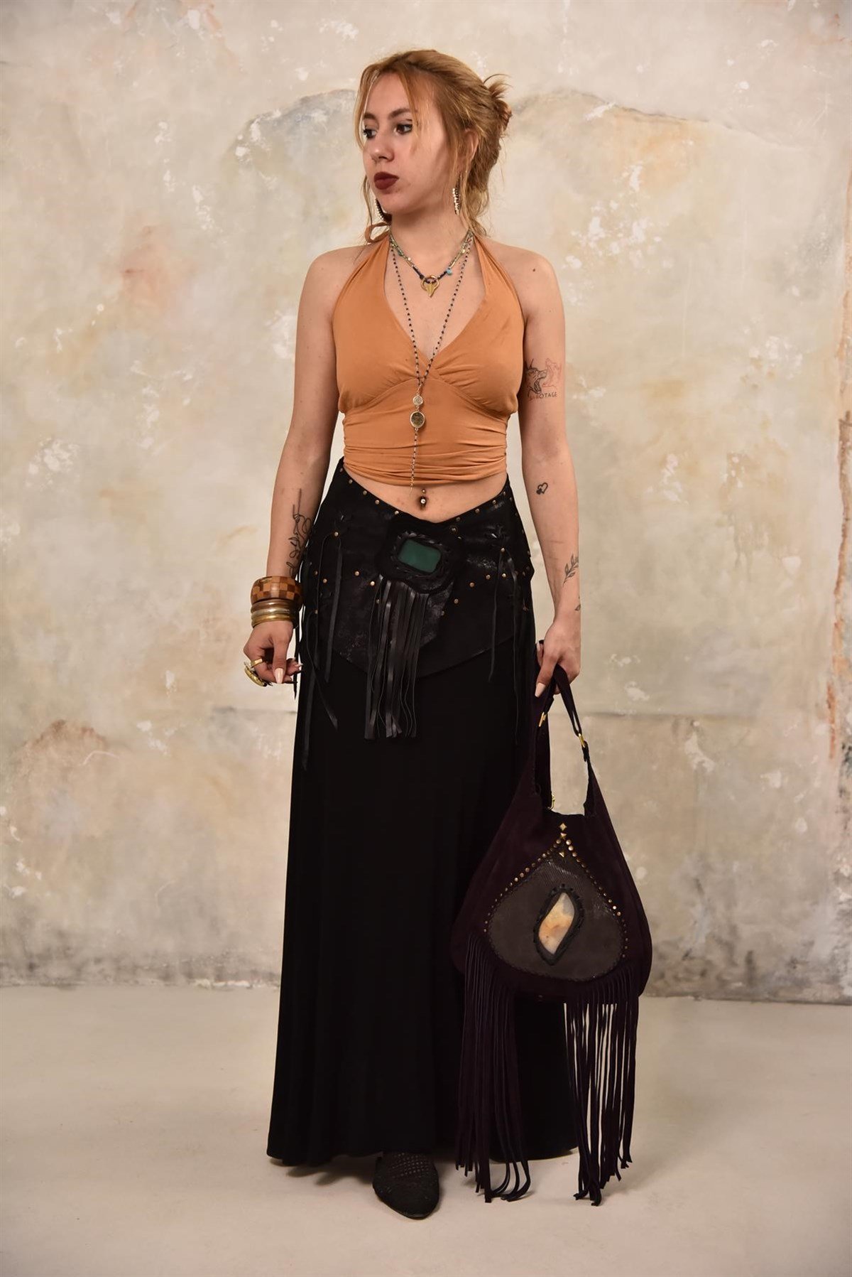  Siyah Doğal Taşlı Deri Kemer