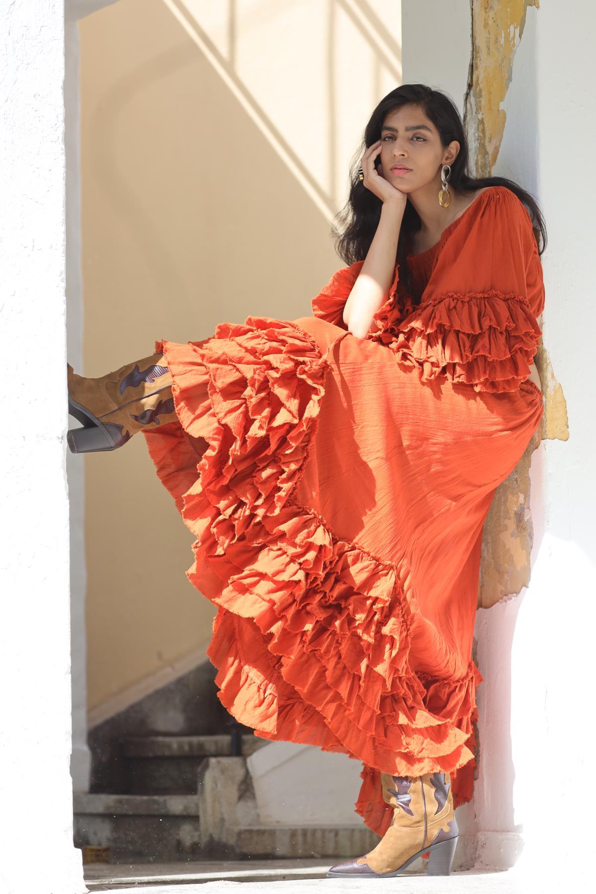 Kiremit Rengi Asimetrik Volanlı Bohem Etek