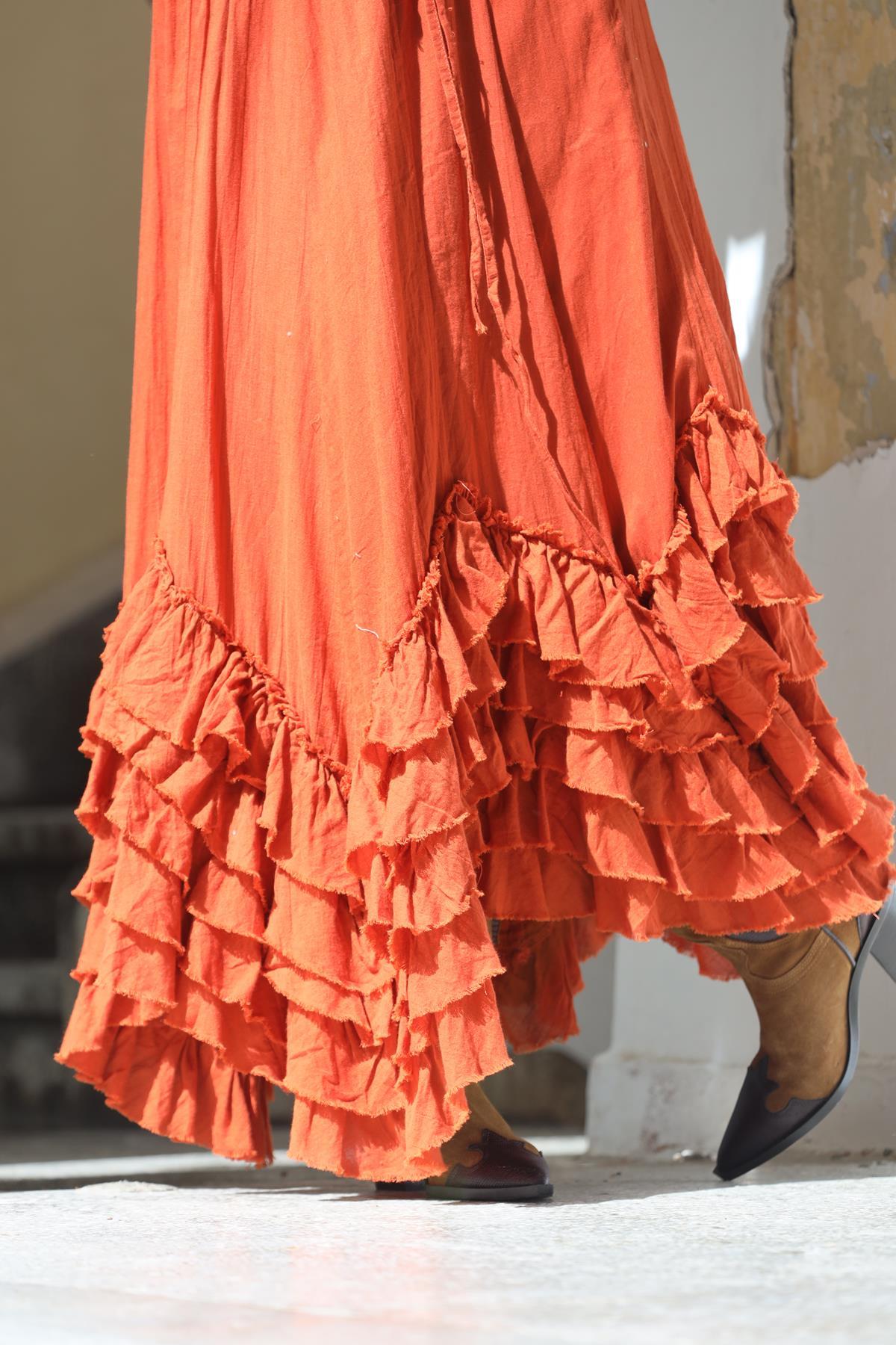 Kiremit Rengi Asimetrik Volanlı Bohem Etek