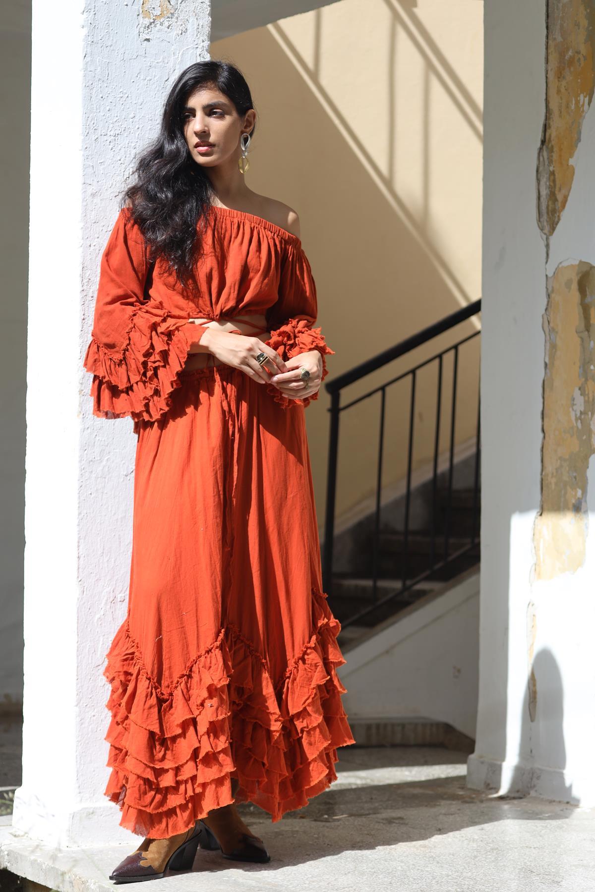 Kiremit Rengi Asimetrik Volanlı Bohem Etek