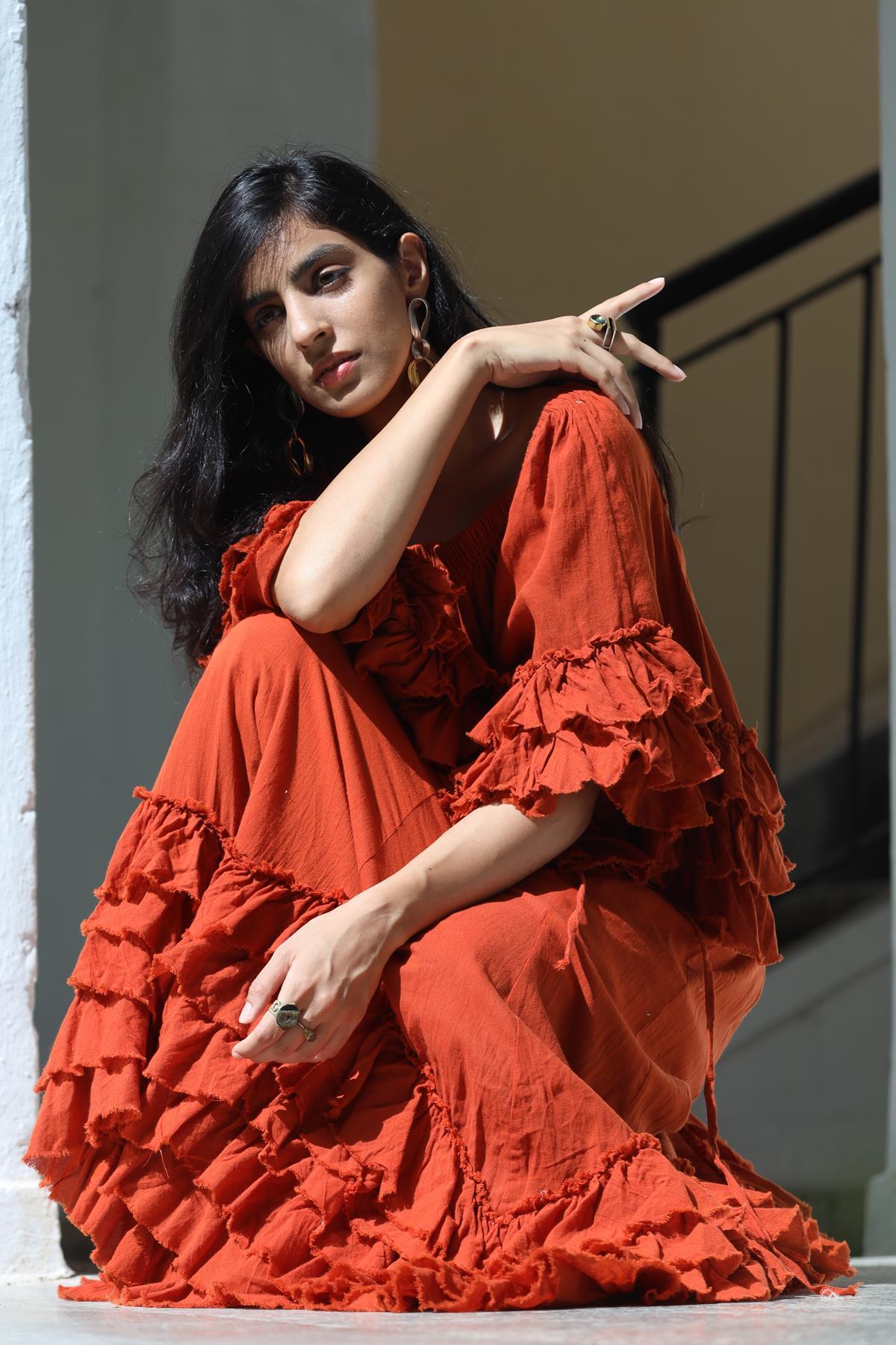 Kiremit Rengi Asimetrik Volanlı Bohem Etek