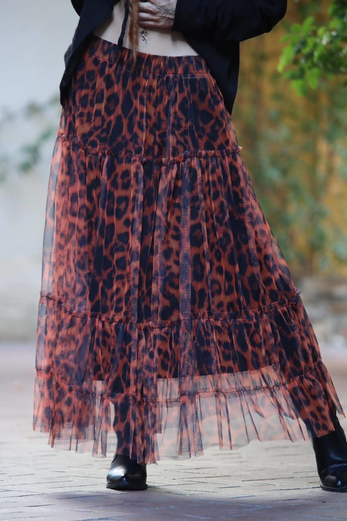 Kiremit Rengi Desenli Kat Kat Tül Etek