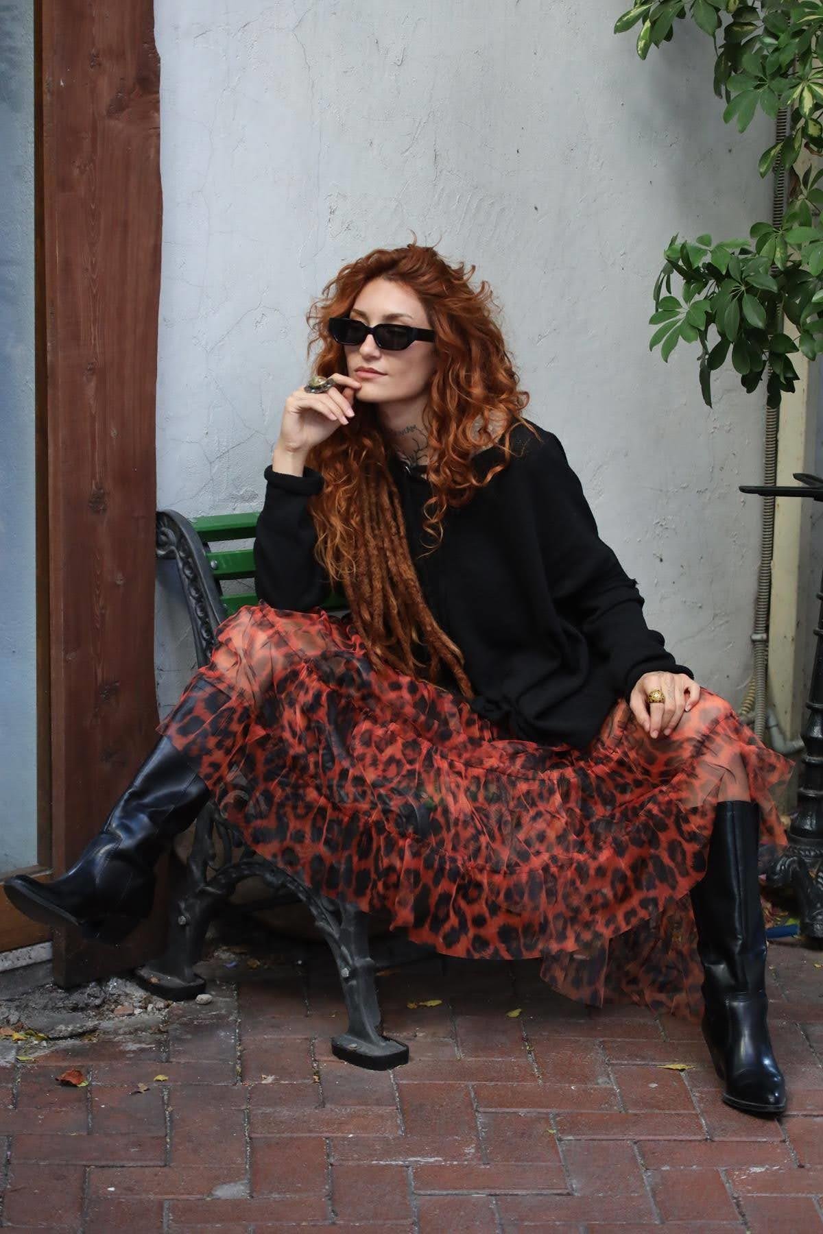 Kiremit Rengi Desenli Kat Kat Tül Etek