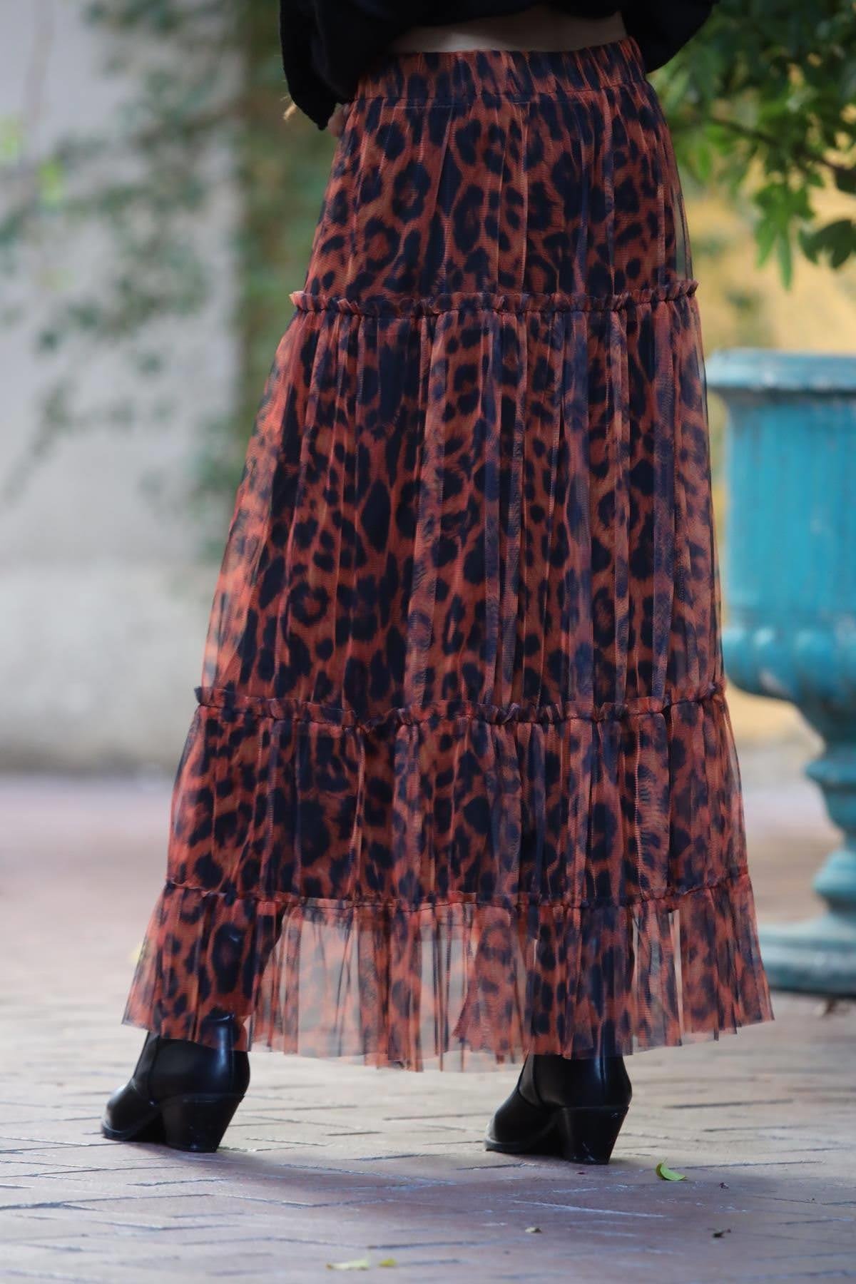 Kiremit Rengi Desenli Kat Kat Tül Etek