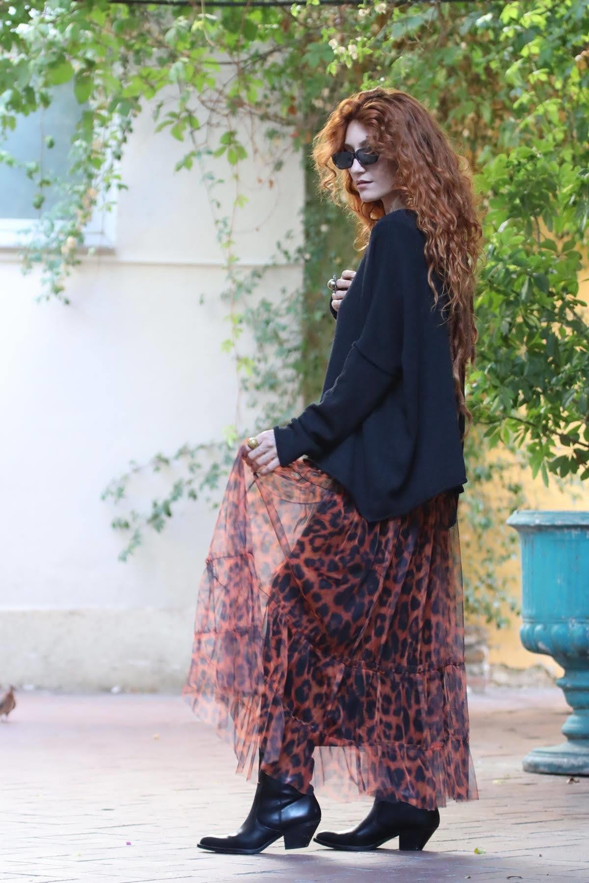 Kiremit Rengi Desenli Kat Kat Tül Etek