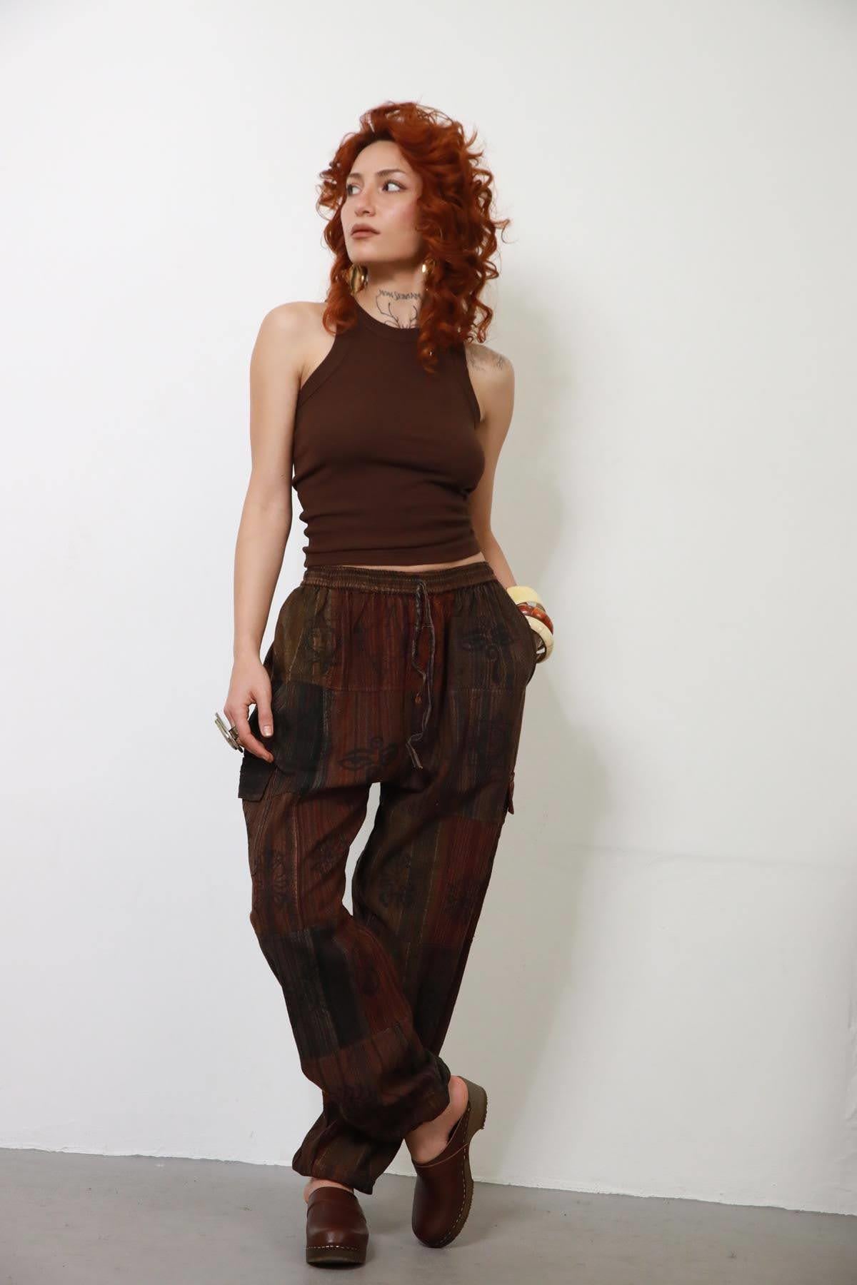 Kiremit Rengi Patchwork Yıkama Kargo Pantolon