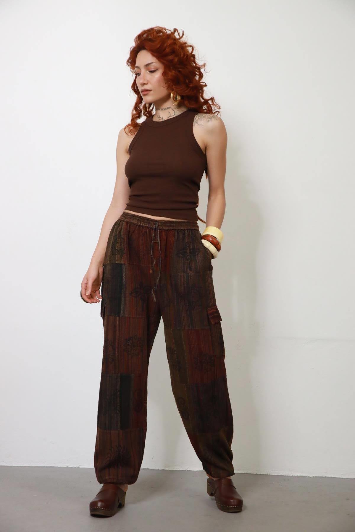Kiremit Rengi Patchwork Yıkama Kargo Pantolon
