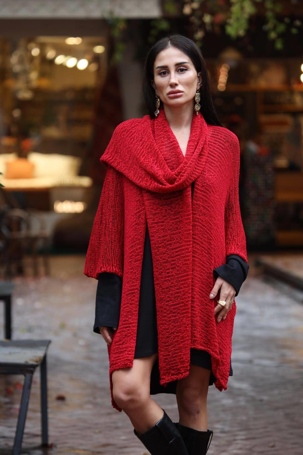 Red Shawl Collar Mercerized Cardigan