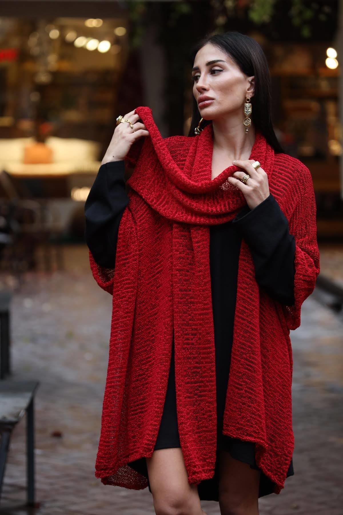 Red Shawl Collar Mercerized Cardigan