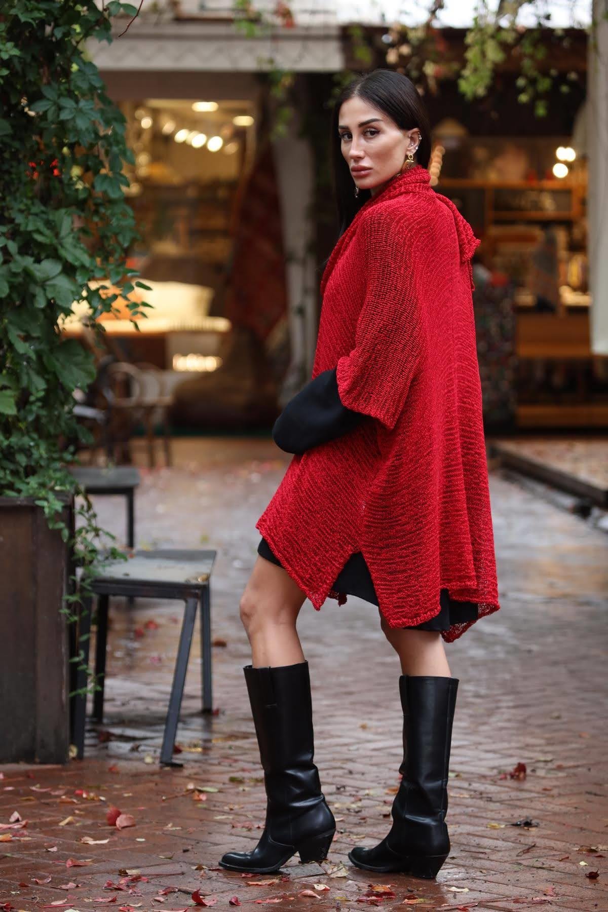 Red Shawl Collar Mercerized Cardigan