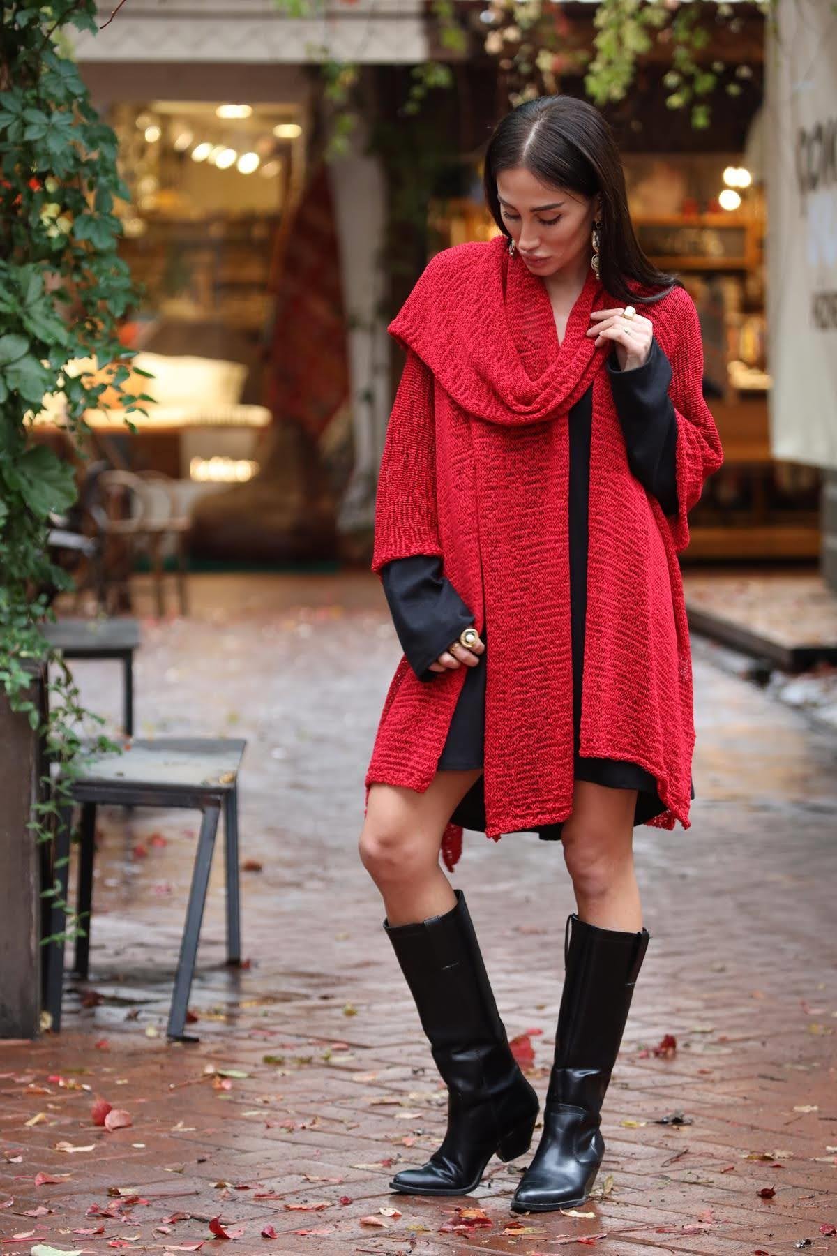 Red Shawl Collar Mercerized Cardigan