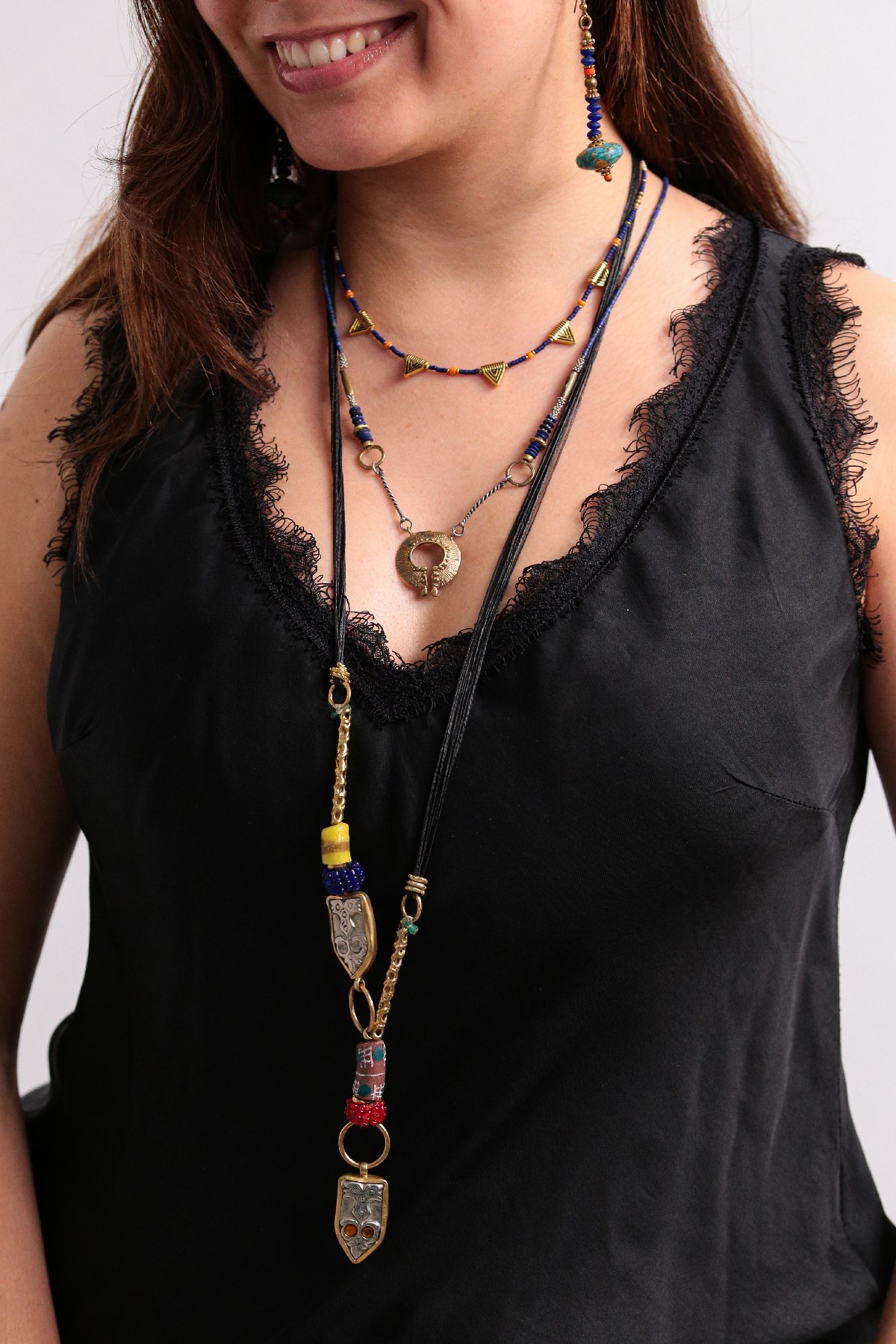 Bronz Antik Parça Detaylı Lapis Taşlı Tasarım Kolye - Şaman Butik Bronz Antik Parça Detaylı Lapis Taşlı Tasarım Kolye