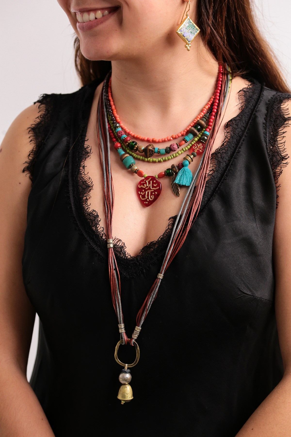 Red Glass Stone and Antique Piece Detail Natural Stone Multi Necklace - Saman Butik | Shop Online Red Glass Stone and Antique Piece Detail Natural Stone Multi Necklace
