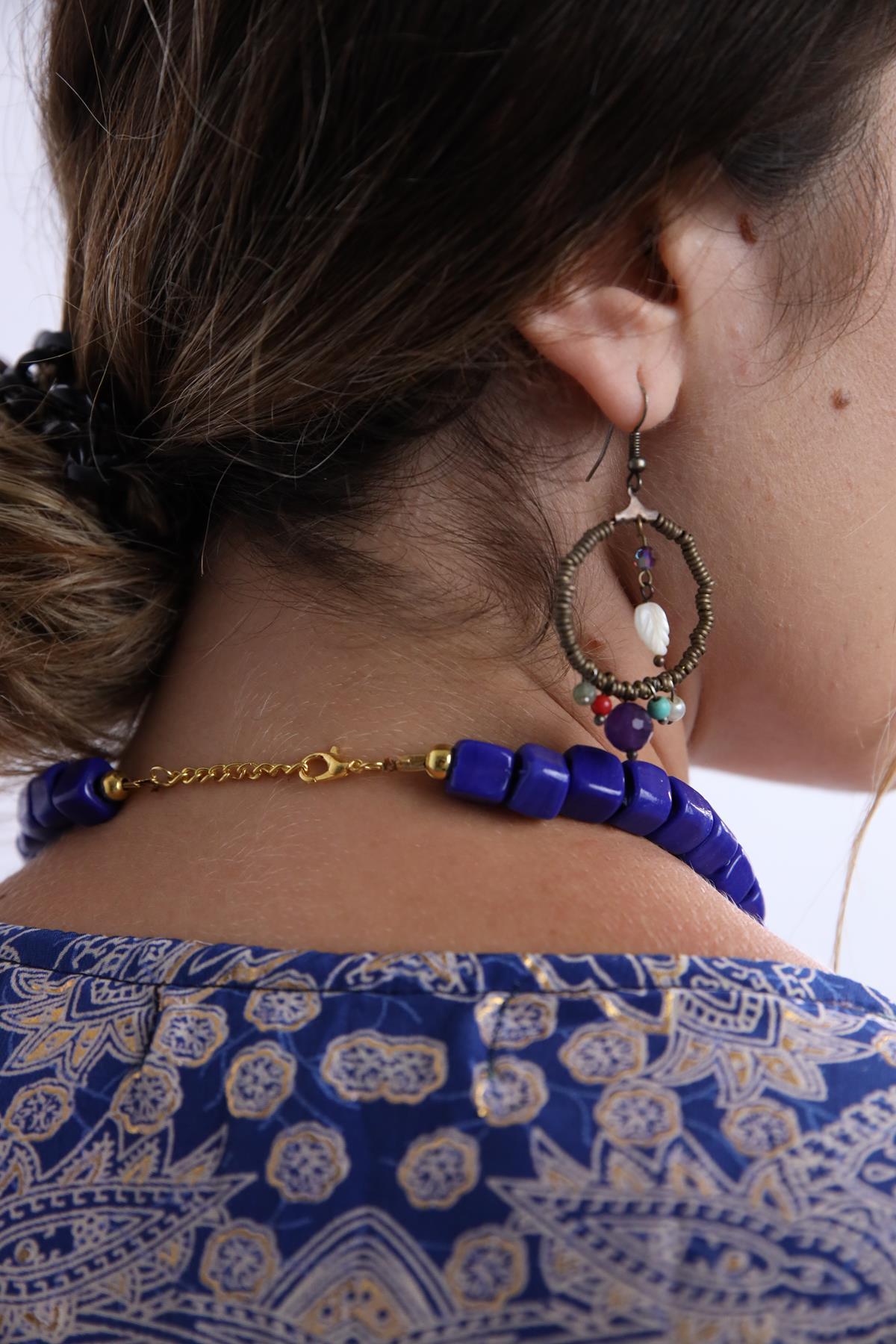  Lacivert Küp Cam Boncuk Tasarım Kolye