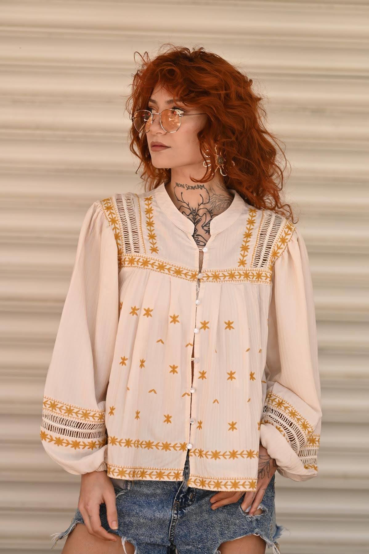 Cream Mustard Embroidered Boheme Jacket Blouse