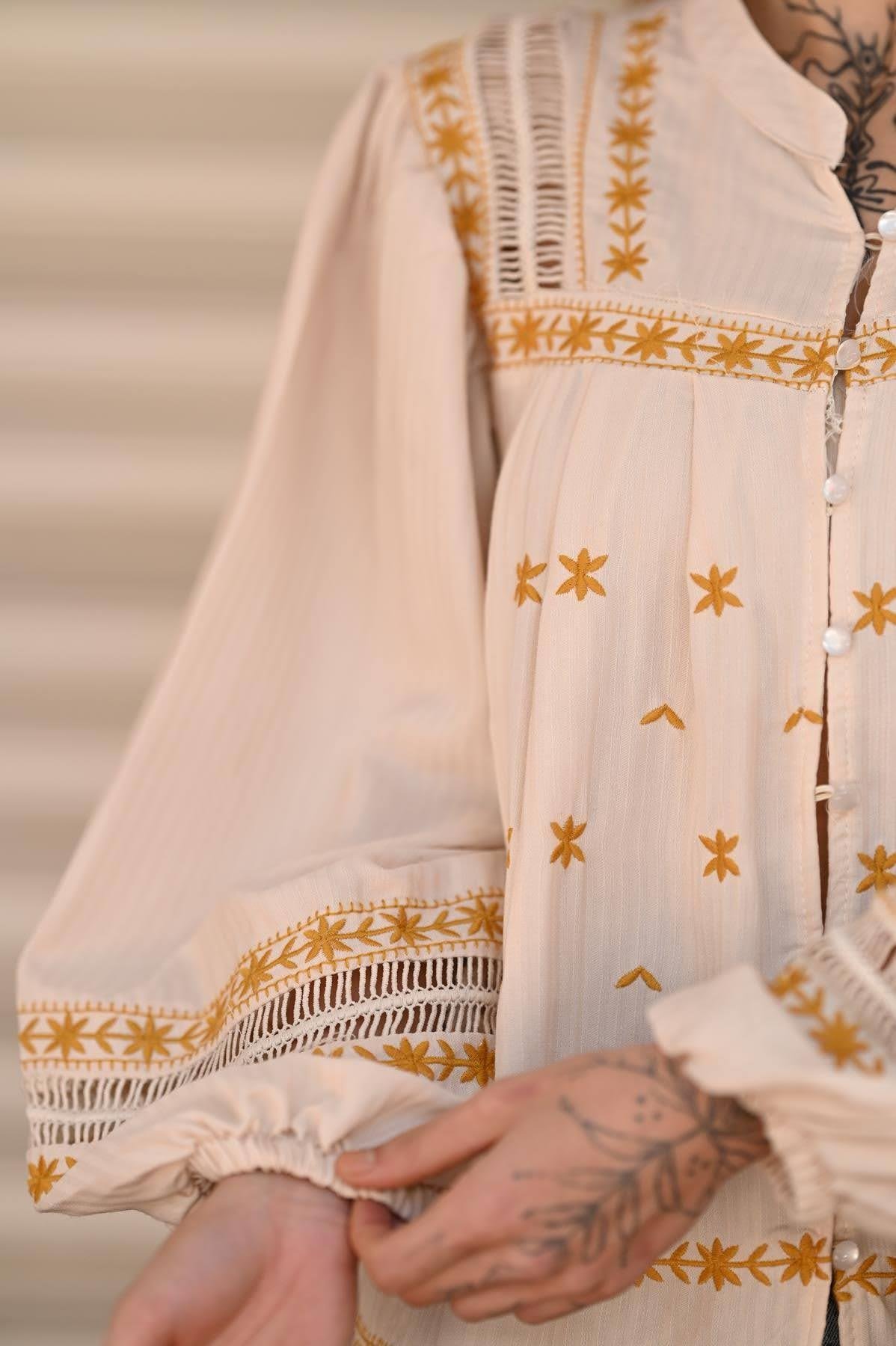 Cream Mustard Embroidered Boheme Jacket Blouse