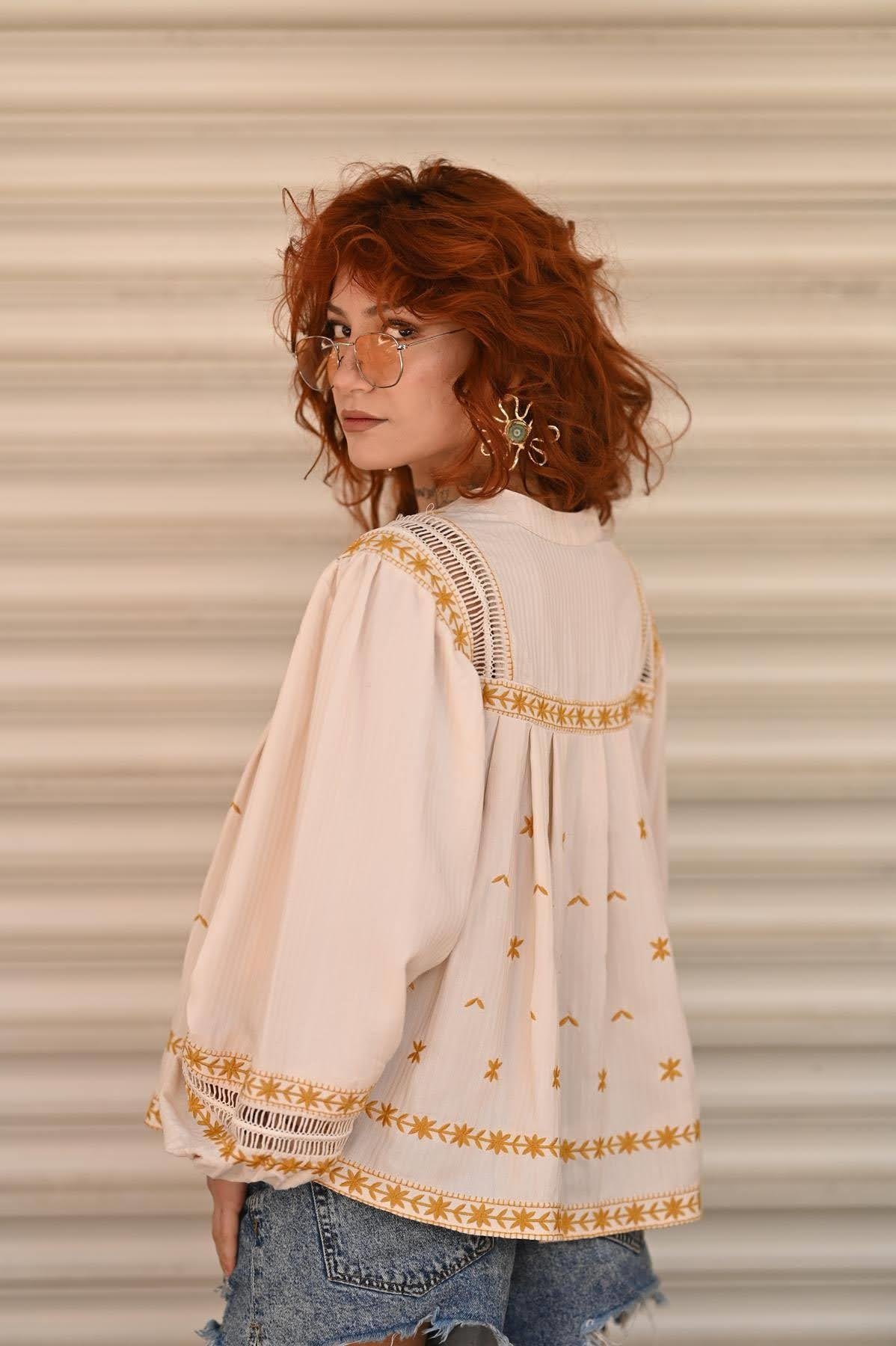Cream Mustard Embroidered Boheme Jacket Blouse