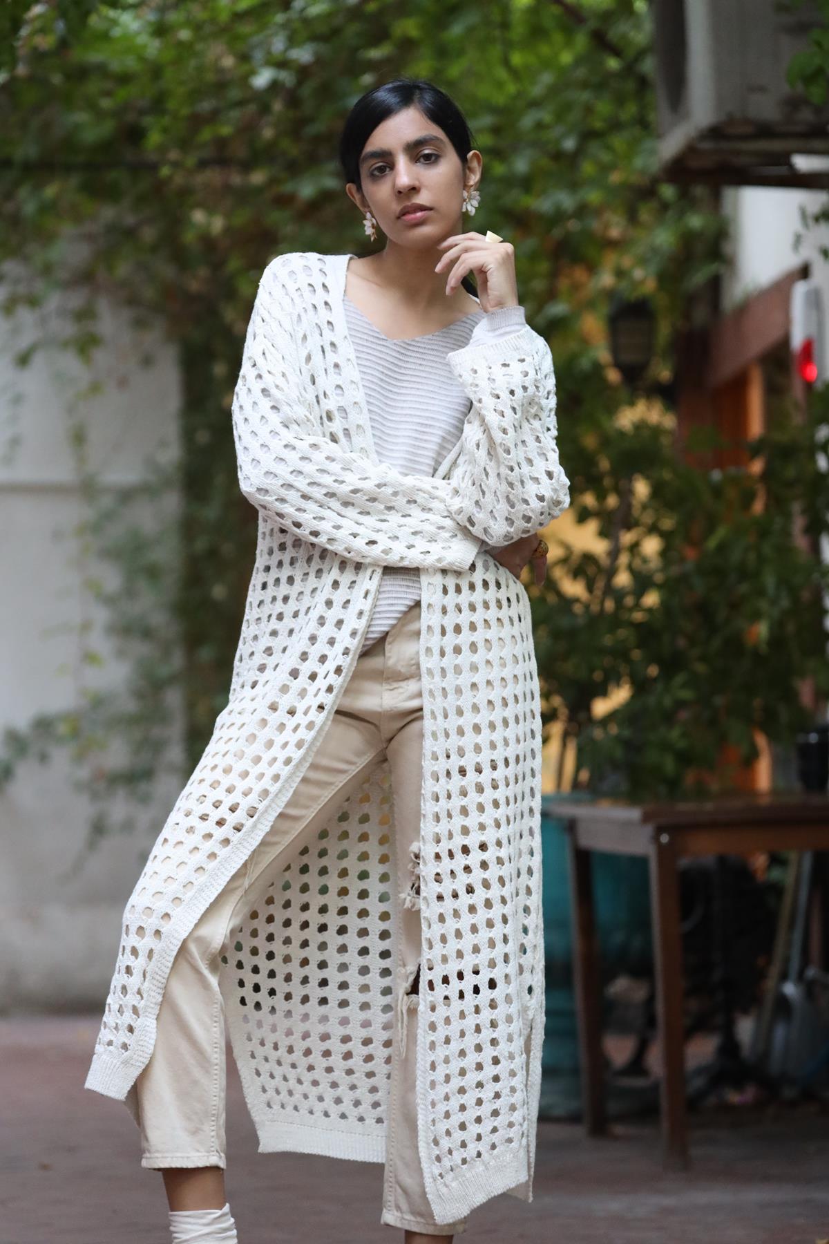 Krem Rengi Ajurlu Uzun Hırka