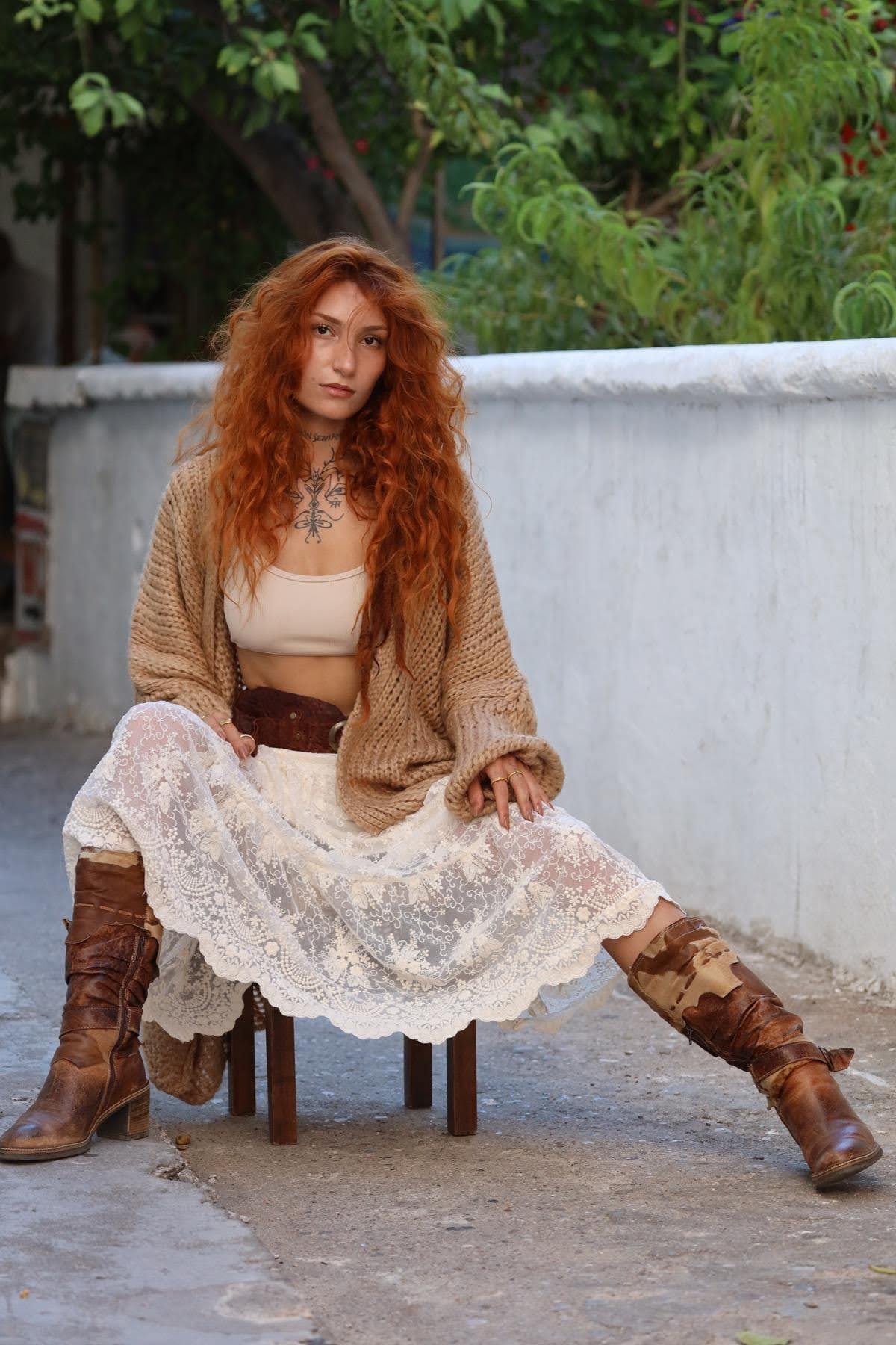 Krem Rengi Beli Lastikli Güpür Dantel Etek