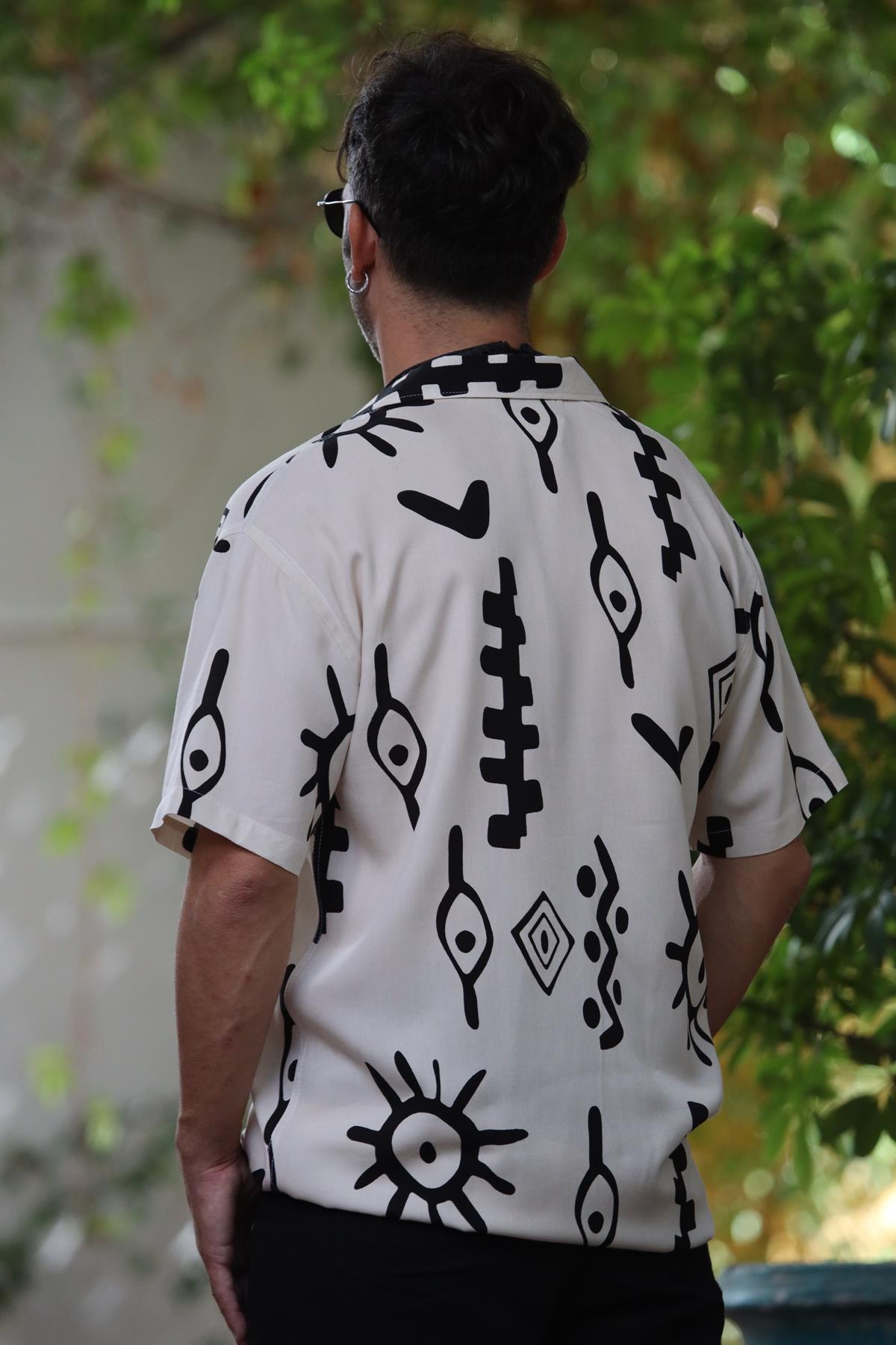 Krem Rengi Desenli Kısa Kollu Erkek Gömlek