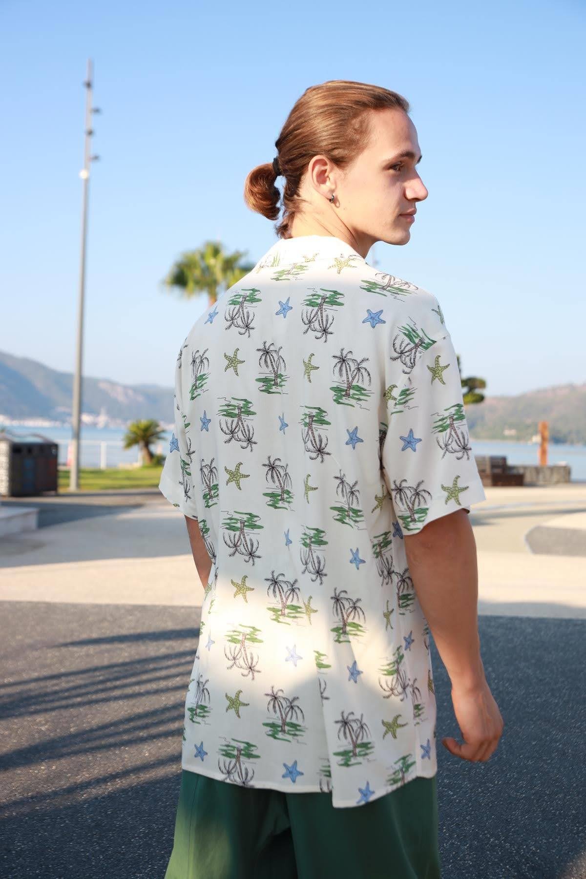 Krem Rengi Desenli Kısa Kollu Erkek Gömlek