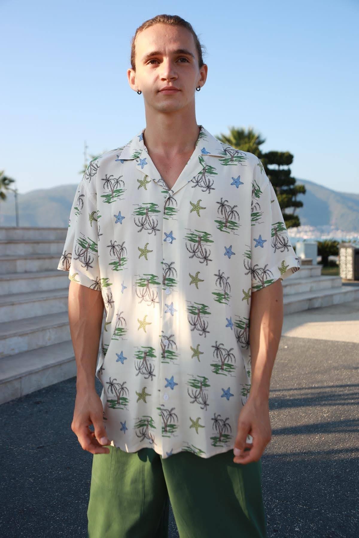 Krem Rengi Desenli Kısa Kollu Erkek Gömlek