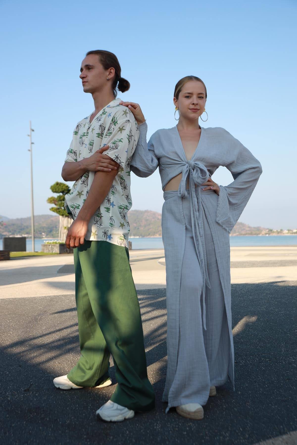 Krem Rengi Desenli Kısa Kollu Erkek Gömlek