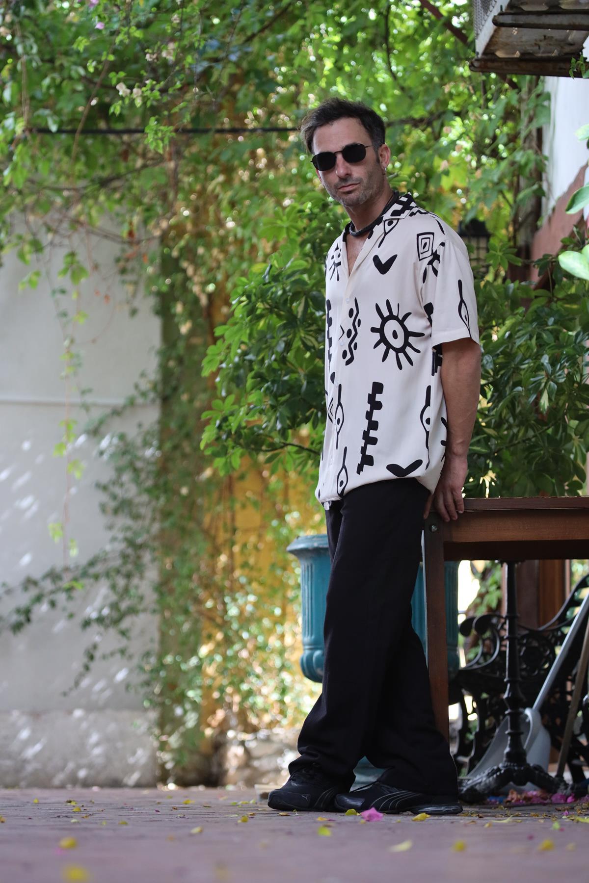 Krem Rengi Desenli Kısa Kollu Erkek Gömlek