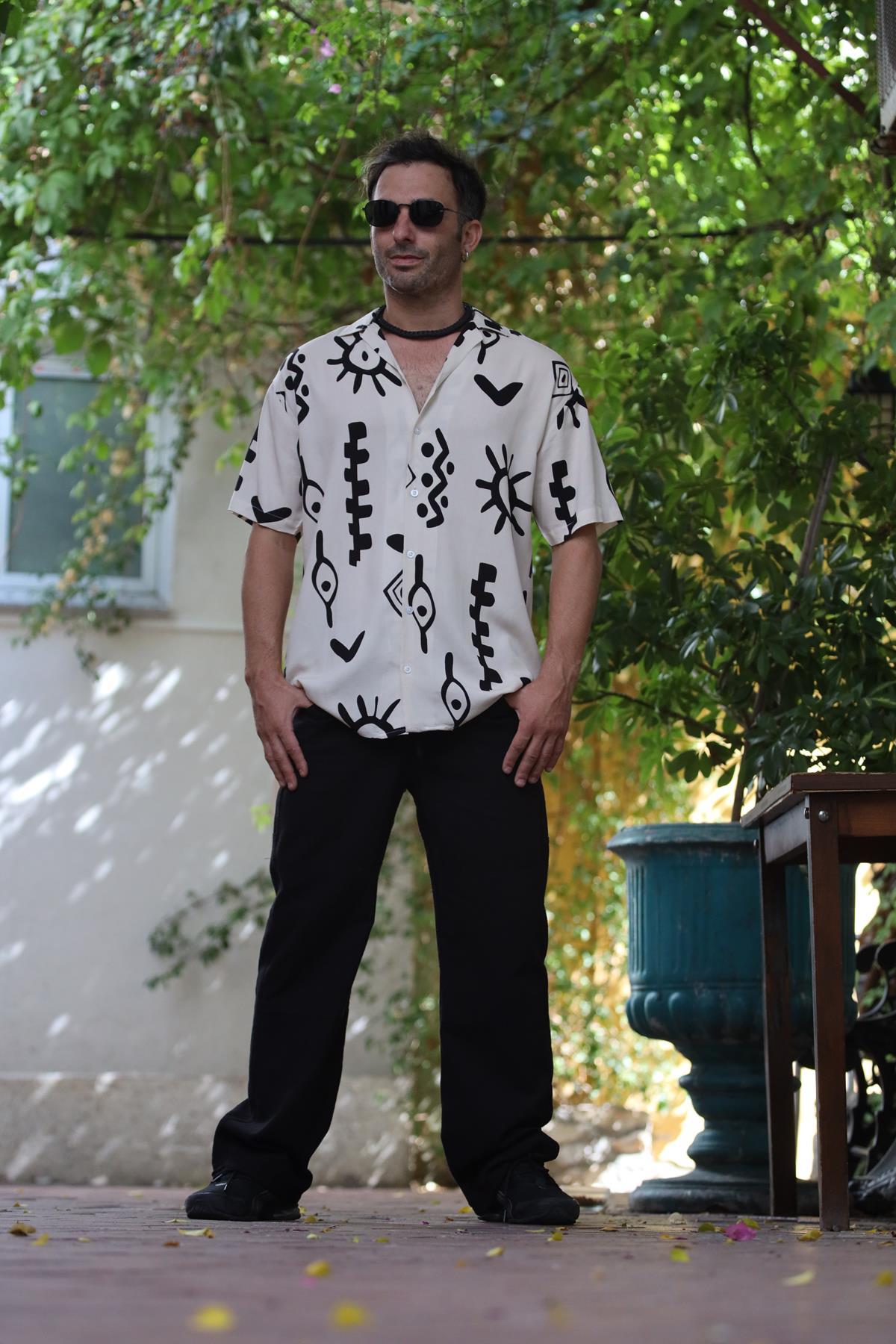 Krem Rengi Desenli Kısa Kollu Erkek Gömlek