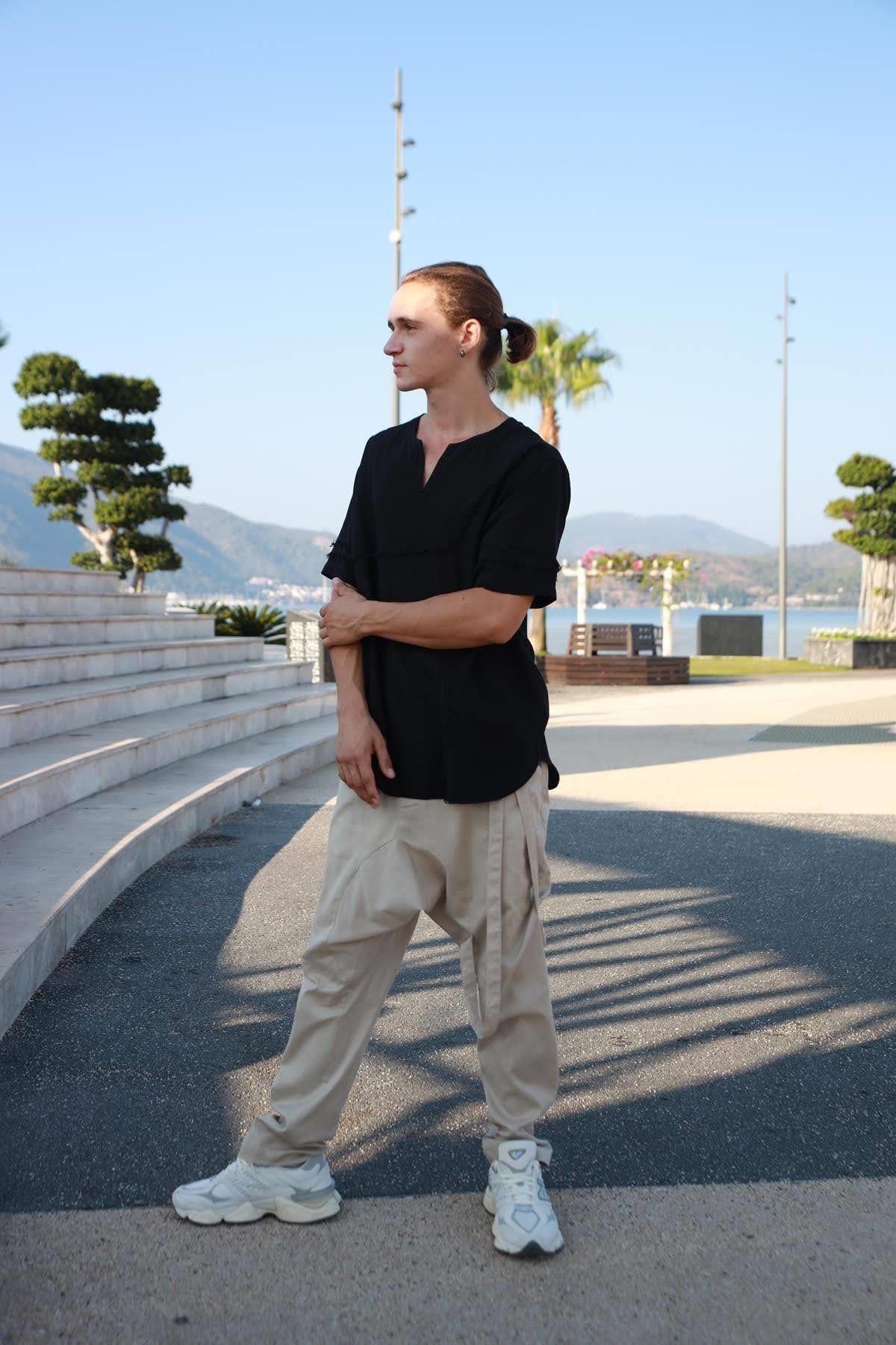 Cream Straight Leg Cord Detailed Drop Crotch Pants