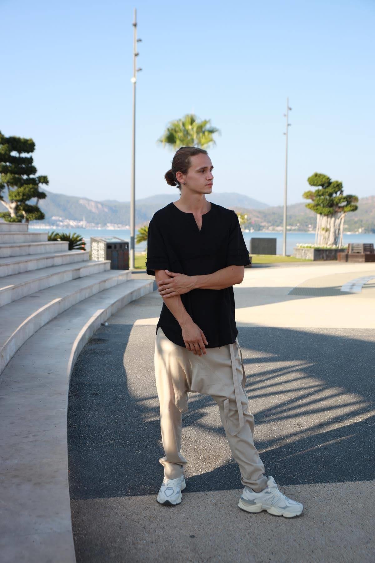 Cream Straight Leg Cord Detailed Drop Crotch Pants