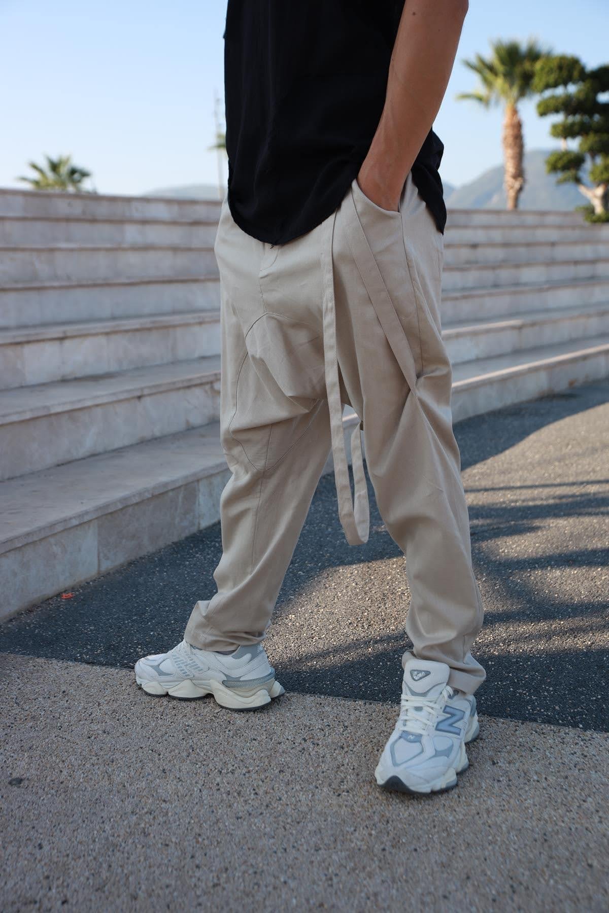 Cream Straight Leg Cord Detailed Drop Crotch Pants