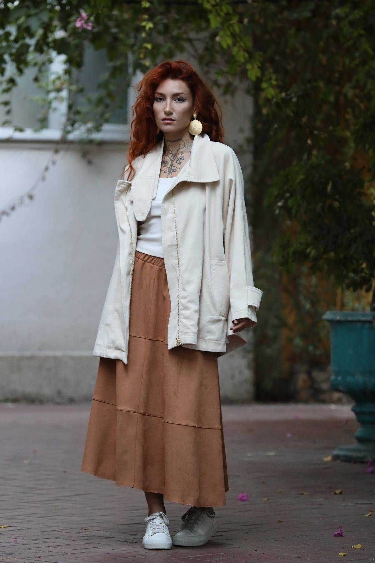 Krem Rengi Fermuarlı Kısa Gabardin Trençkot